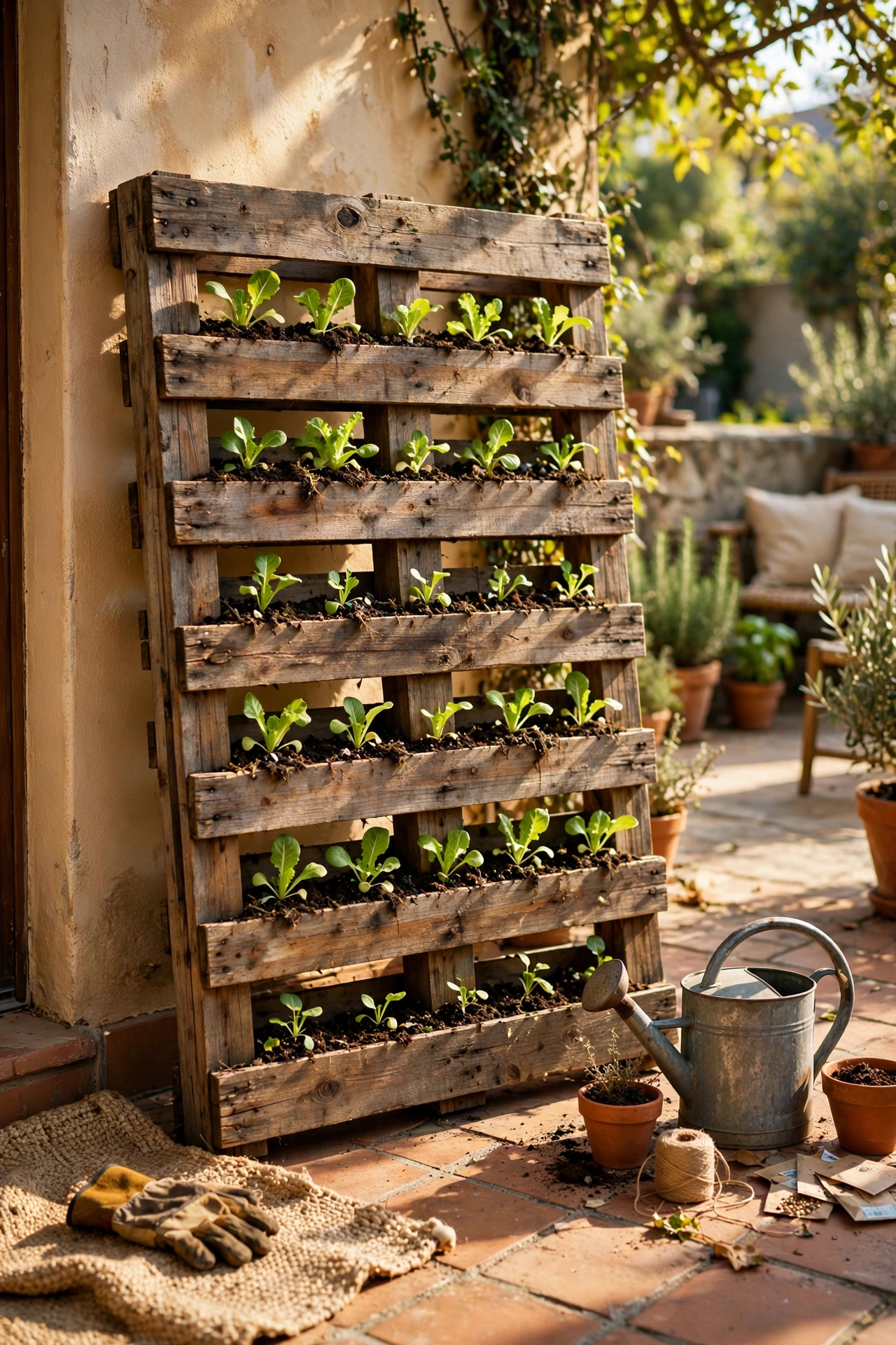 Wooden pallet planter with lettuce seedlings leaning against a patio wall