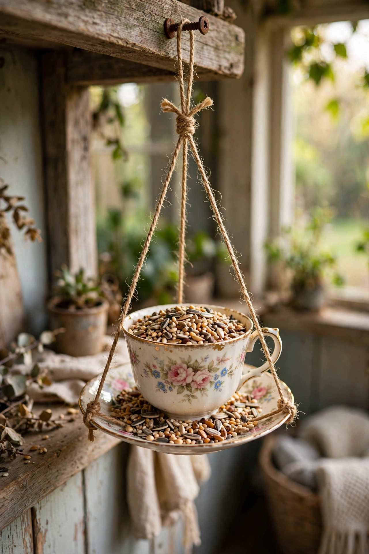 Vintage teacup bird feeder with birdseed hanging from a porch beam
