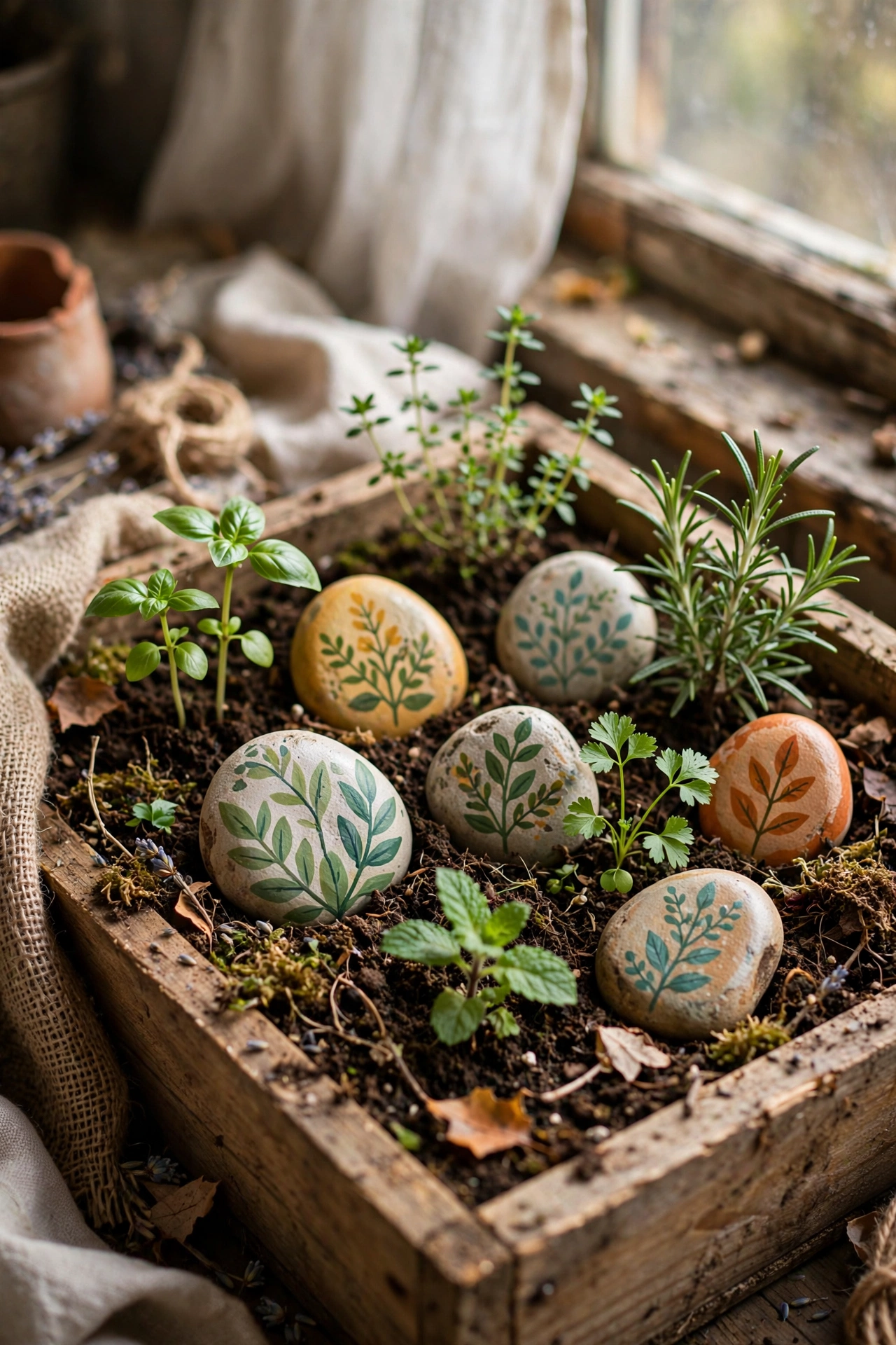 Hand-painted garden stones marking an herb bed in spring soil