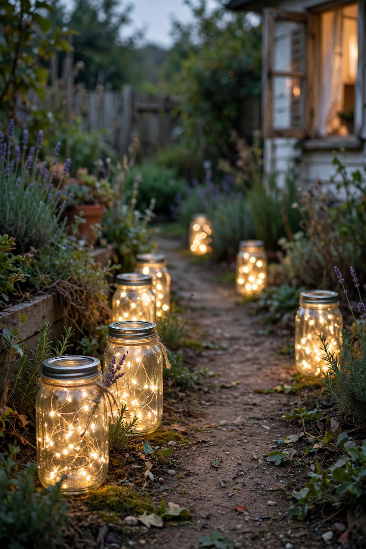 Mason jars with solar fairy lights glowing along a garden path at dusk