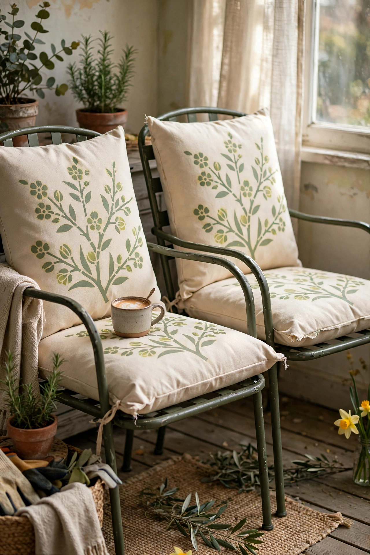 Patio chair cushions recovered in stencilled painter's drop cloth canvas