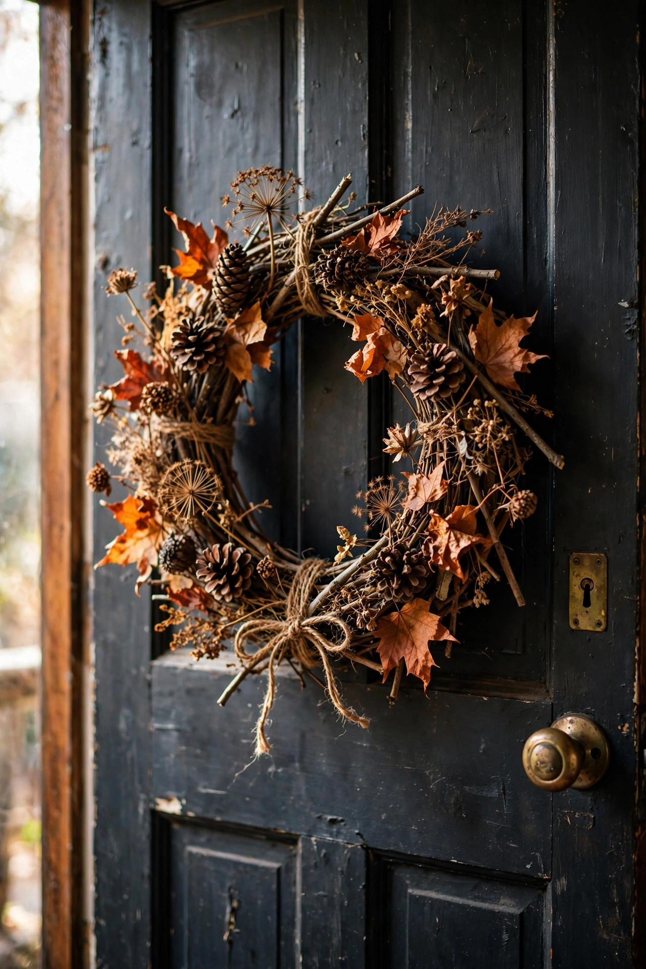 Handmade wreath of foraged twigs, pinecones and dried leaves on a front door