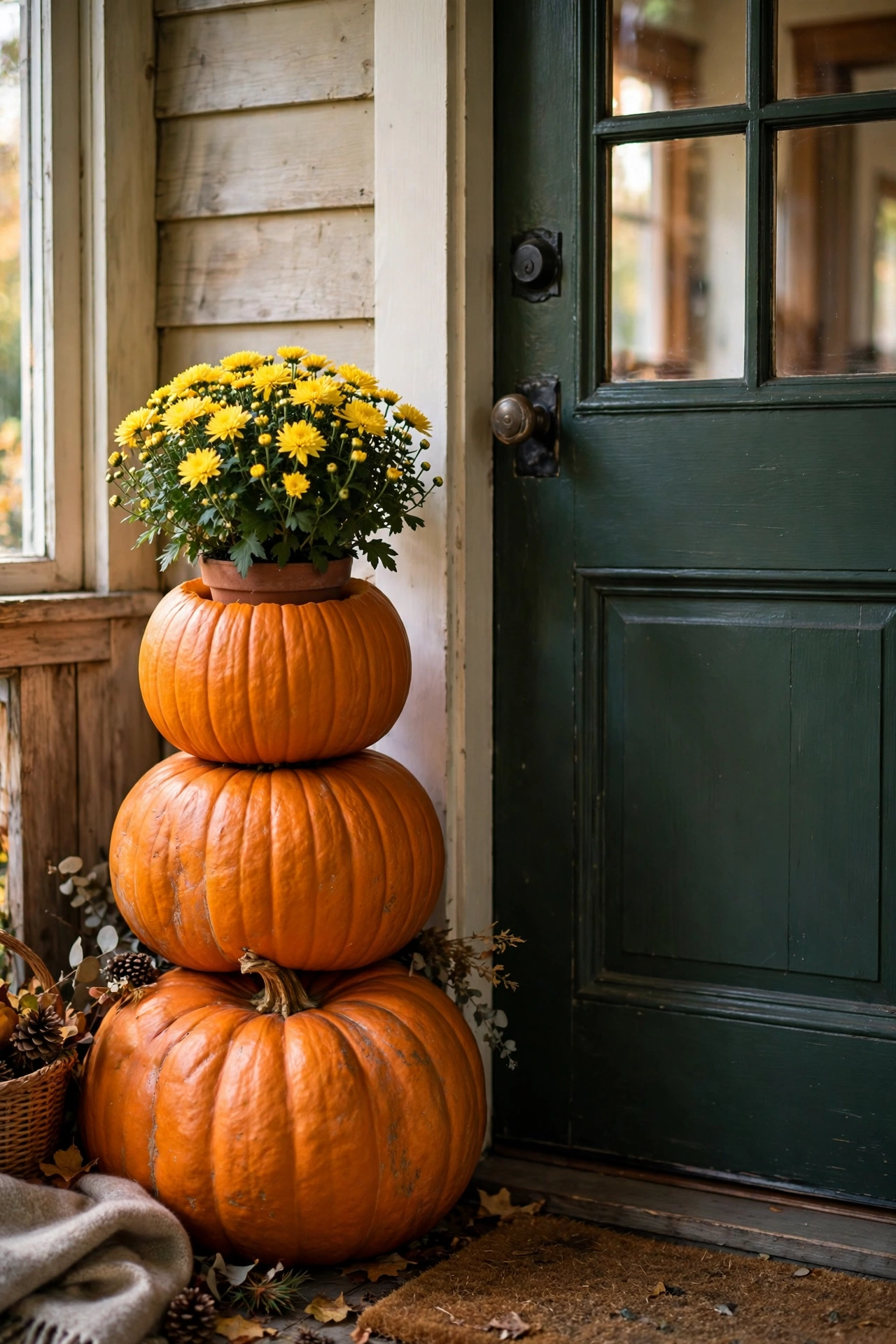 Stacked pumpkins with yellow mums in the top pumpkin by a front door