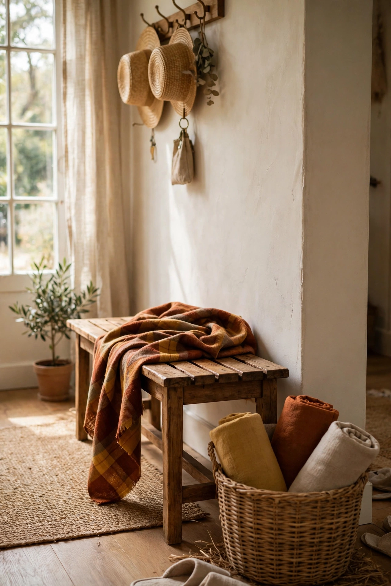 Rust plaid throw draped over a wooden hallway bench