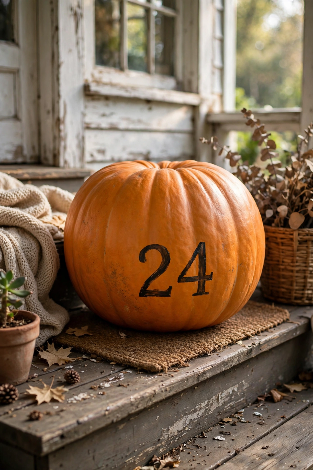 Large pumpkin with painted house number on porch steps
