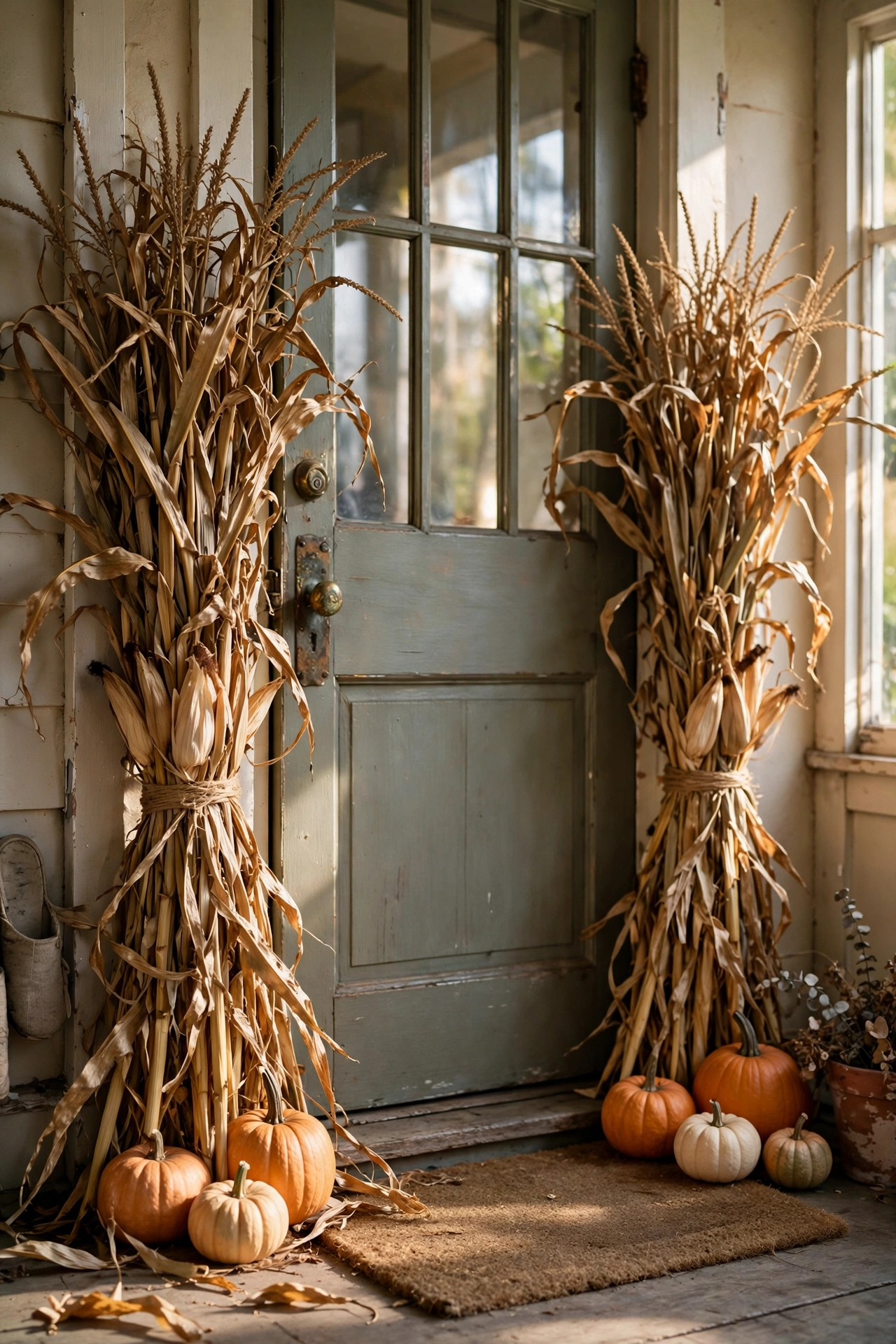 Bundles of dried corn stalks tied with twine flanking a front door