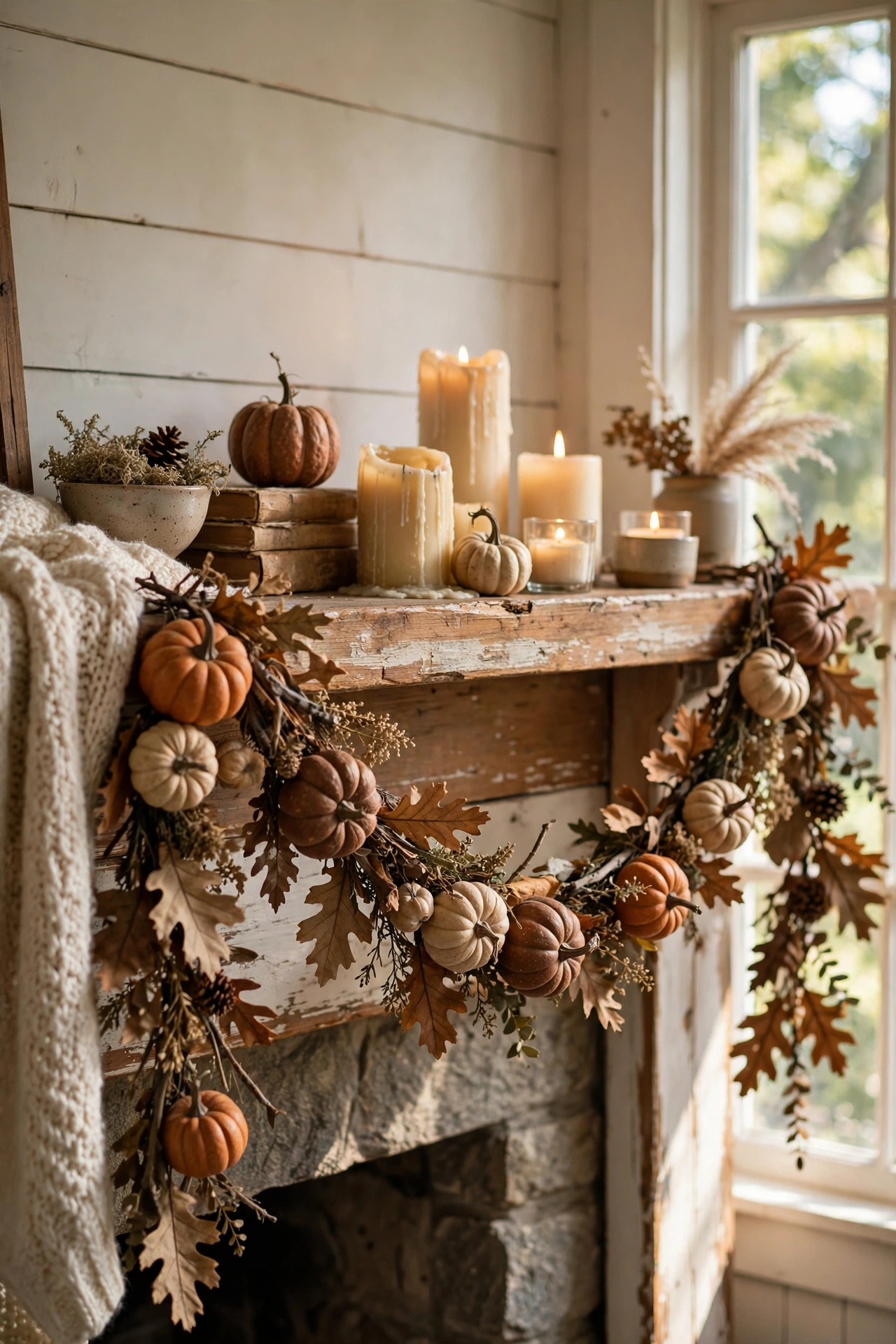 Garland of dried mini pumpkins and faux oak leaves draped on a mantel