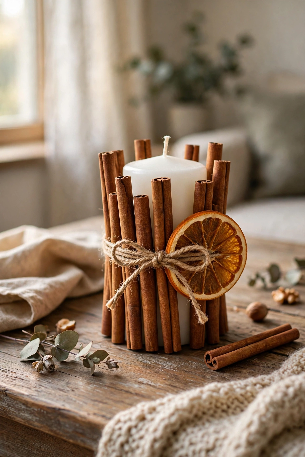 Pillar candle wrapped in cinnamon sticks tied with twine on a coffee table