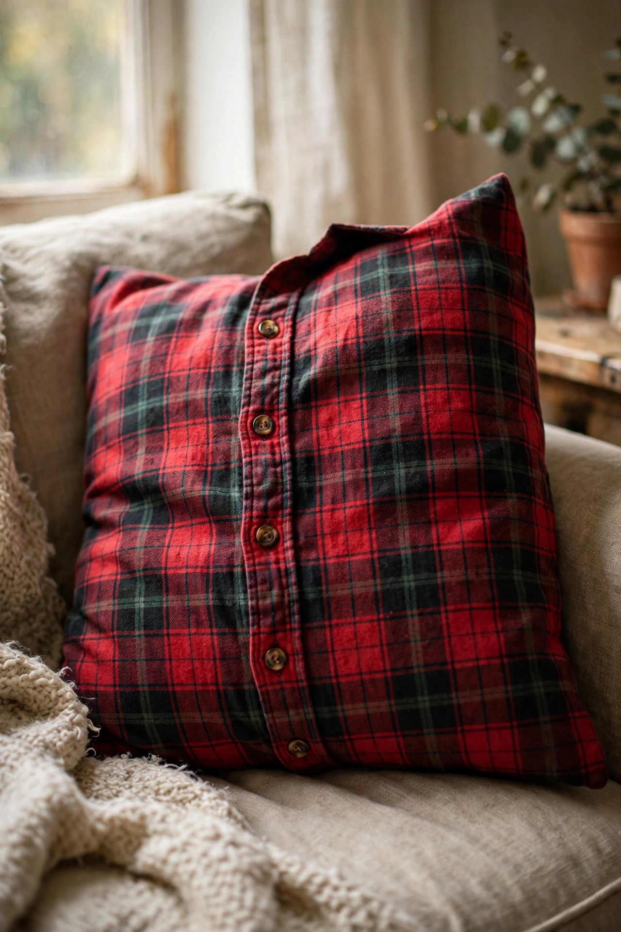 Cushion covered in plaid flannel shirt fabric with buttons on a sofa