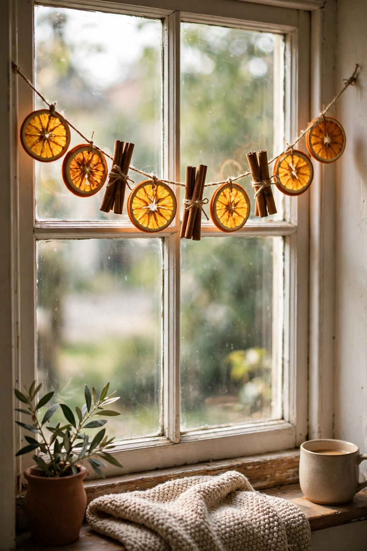 Garland of dried orange slices and cinnamon sticks hanging in a window