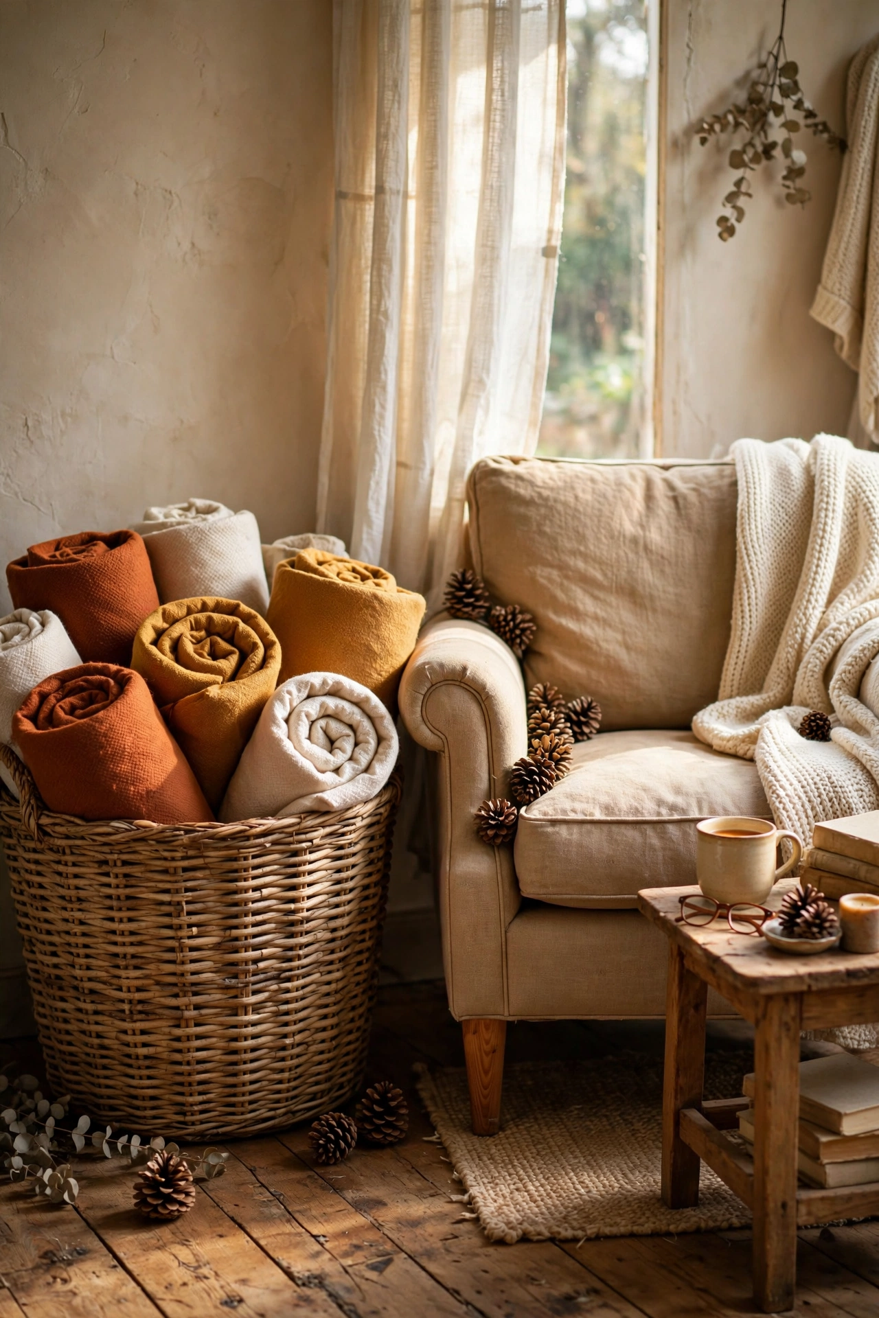 Large woven basket of rolled throws beside a reading armchair