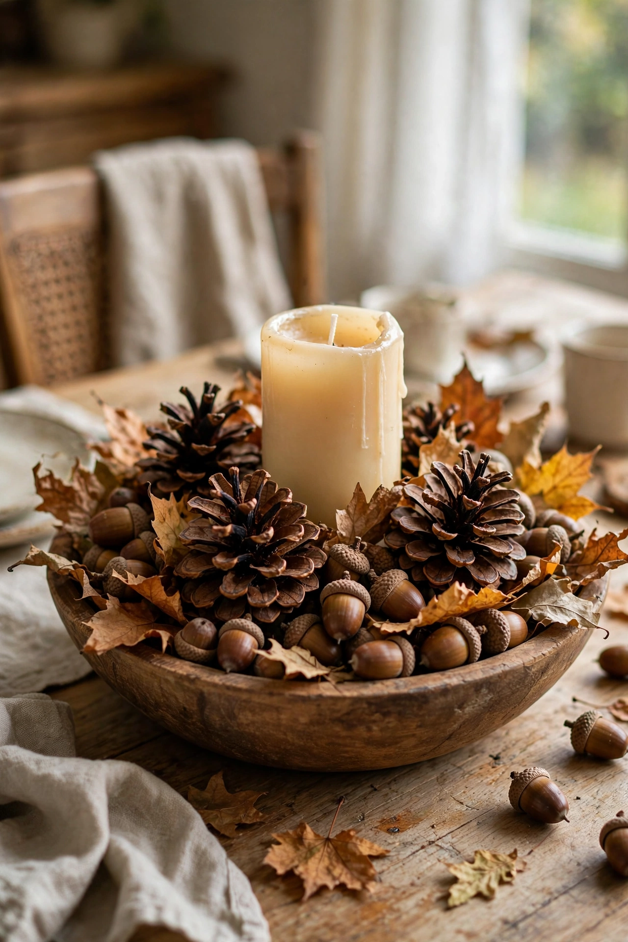 Wooden bowl heaped with pinecones and acorns as a table centrepiece