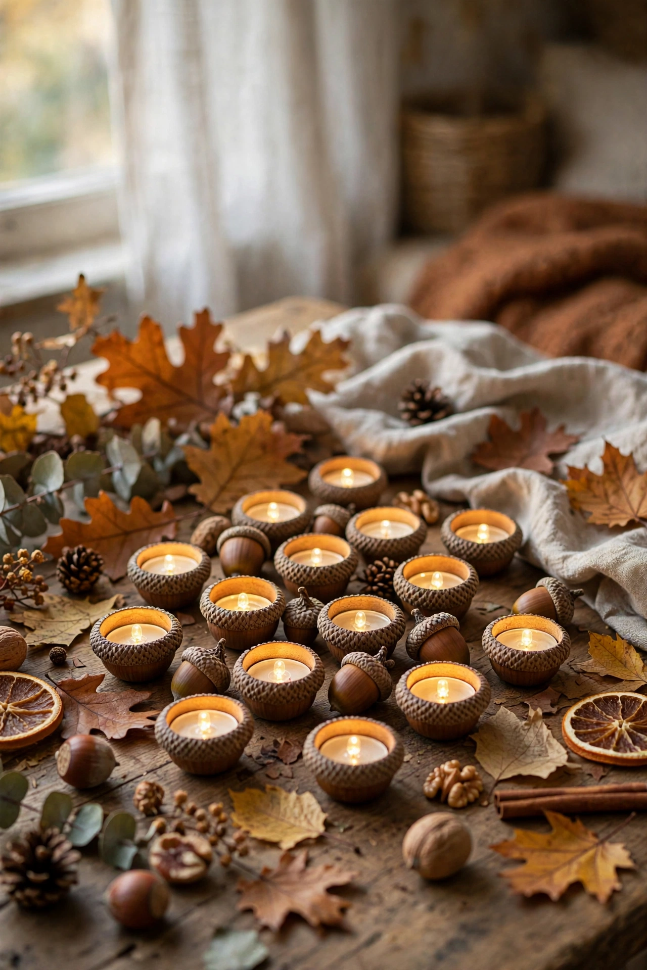 Cluster of acorn-cap tea light holders with battery lights on a table