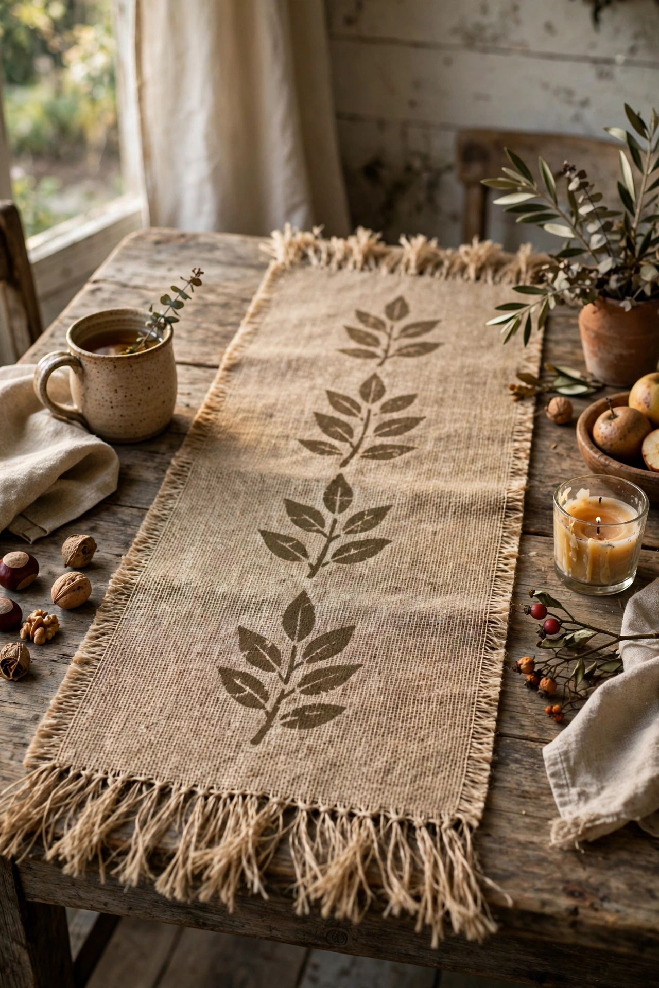 Hessian table runner with fringed ends and stencilled leaf motif