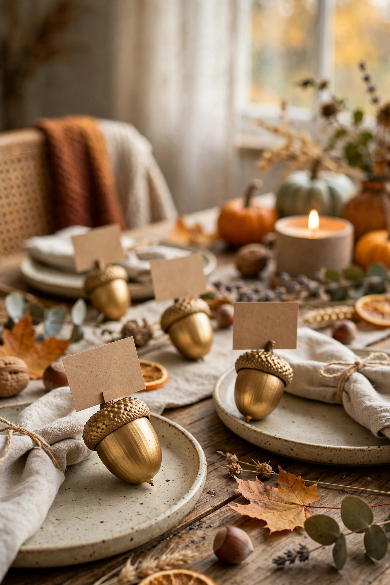 Gold painted acorns with kraft name tags as autumn place cards