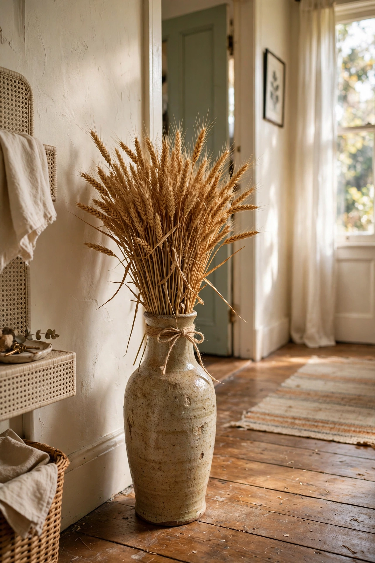 Sheaf of dried wheat in a thrifted vase in a hallway