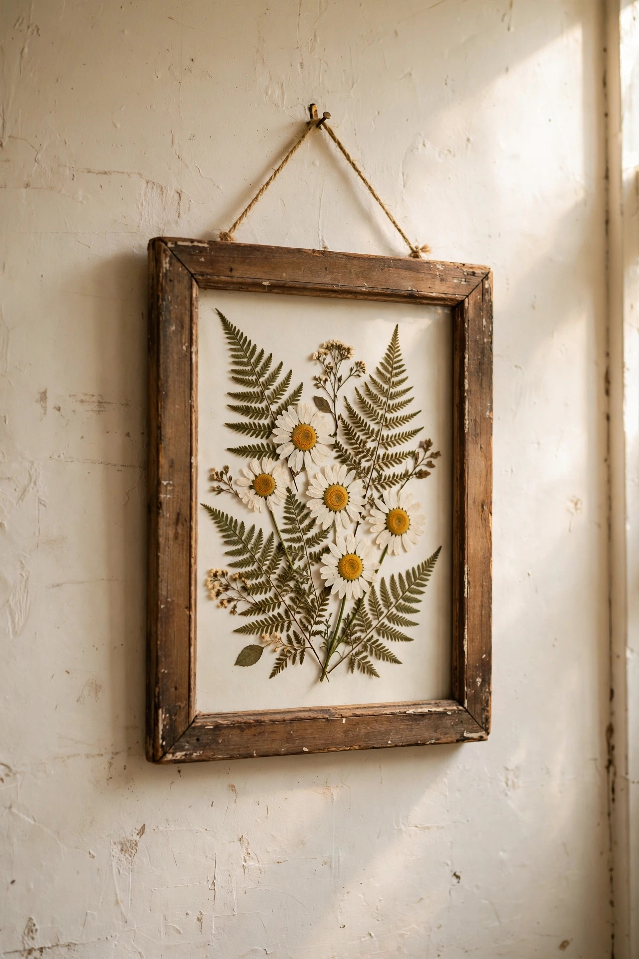 Pressed daisies and ferns arranged as botanical art in a vintage wooden frame