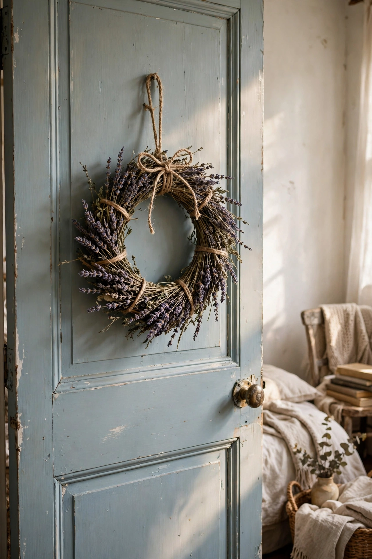 Handmade dried lavender bundle wreath hanging on a cottage bedroom door