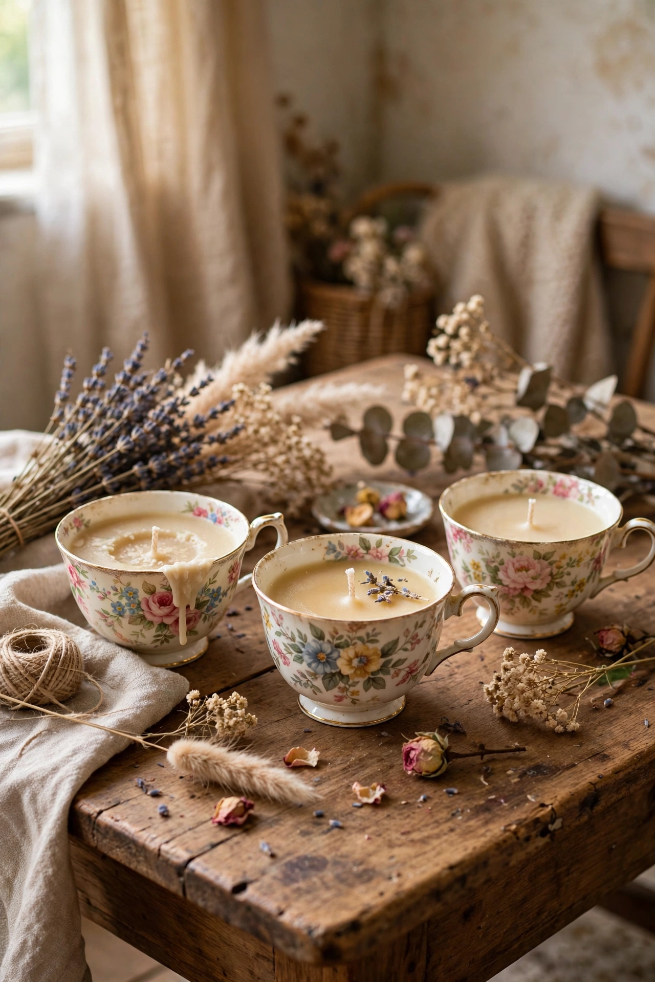 Vintage floral teacups filled with homemade soy candles on a coffee table
