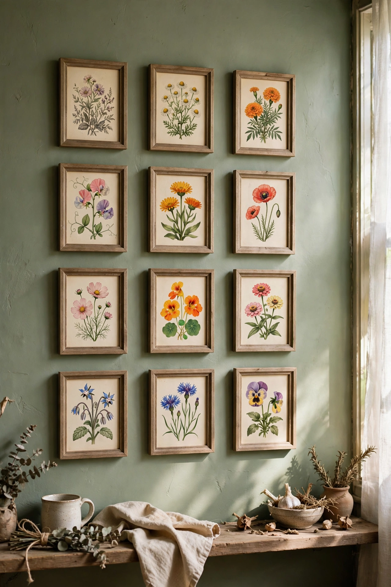 Grid of framed vintage seed packets with floral illustrations on a kitchen wall