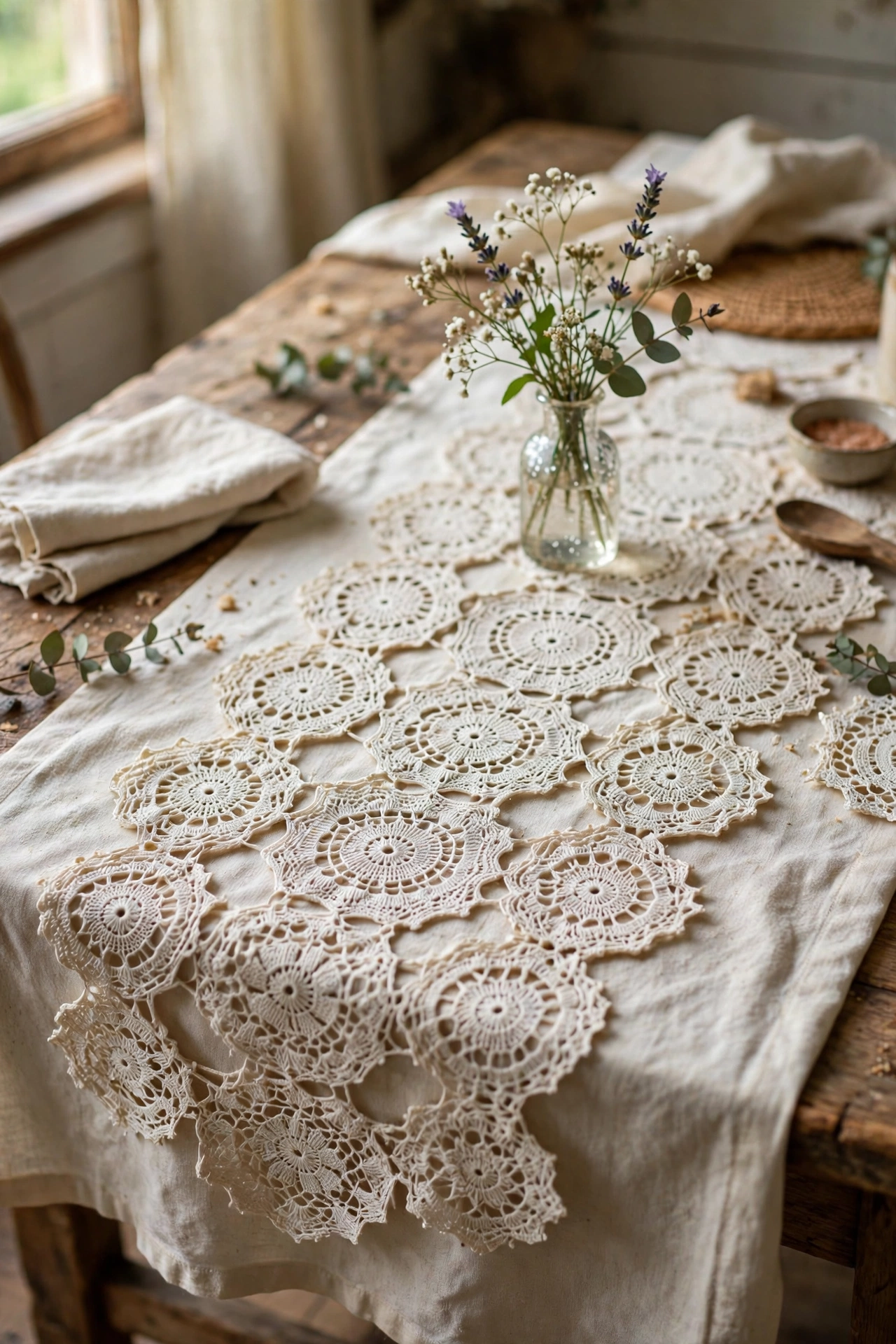 Table runner made from joined lace doilies over a linen cloth on a dining table
