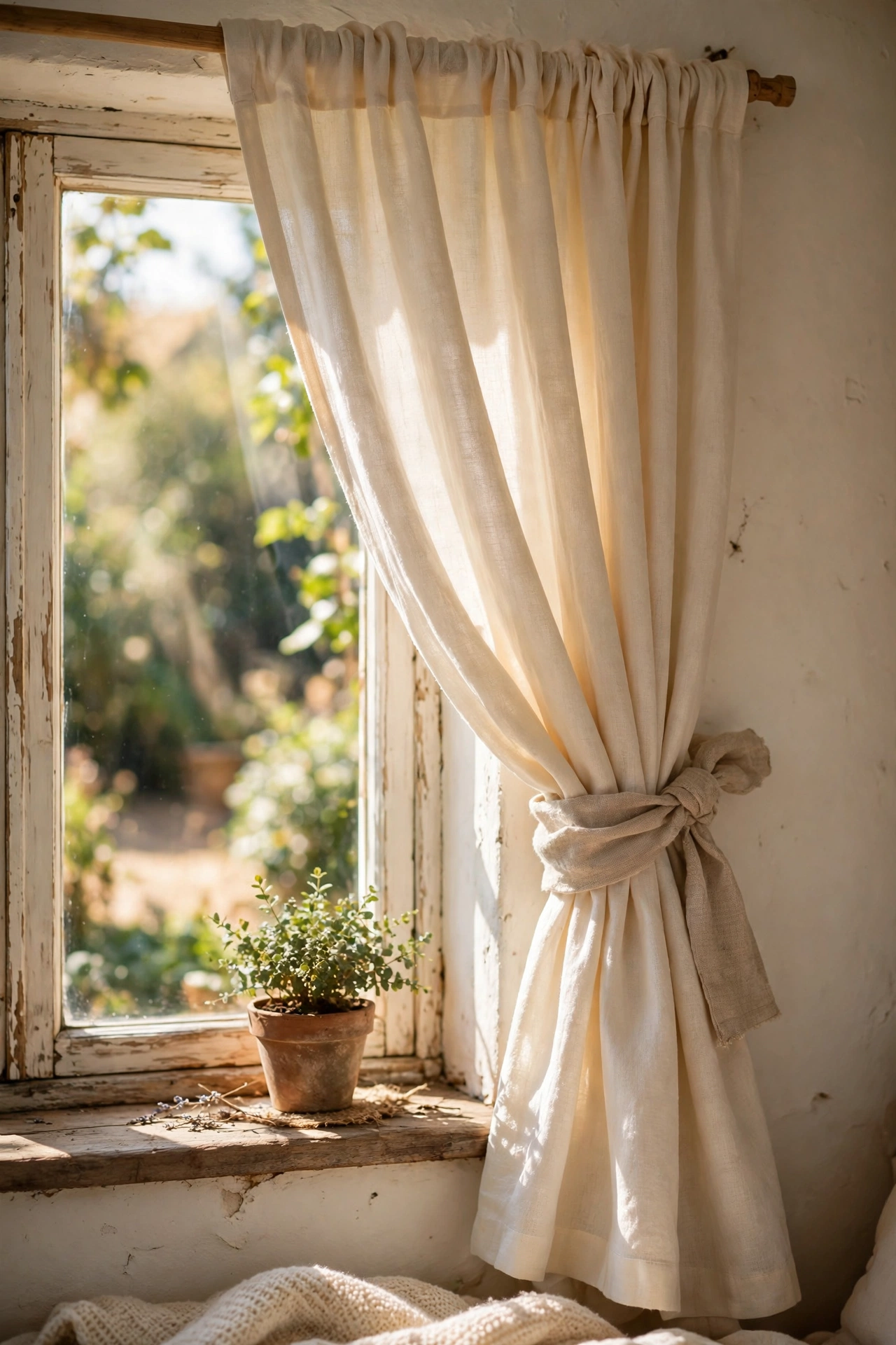No-sew linen curtain tie-backs gathering soft cream cottage curtains