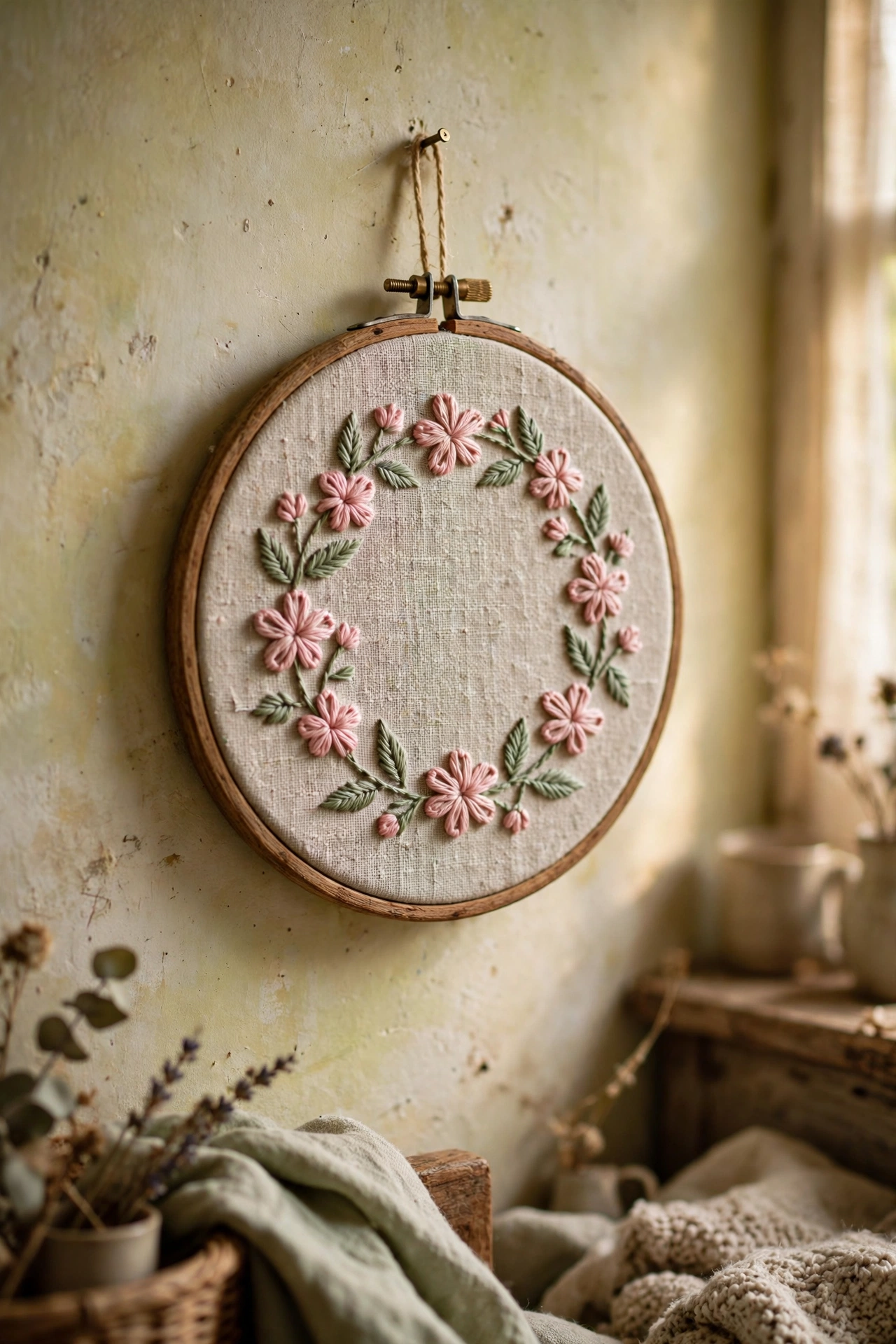 Hand-embroidered floral hoop art in dusty pink and sage thread on linen