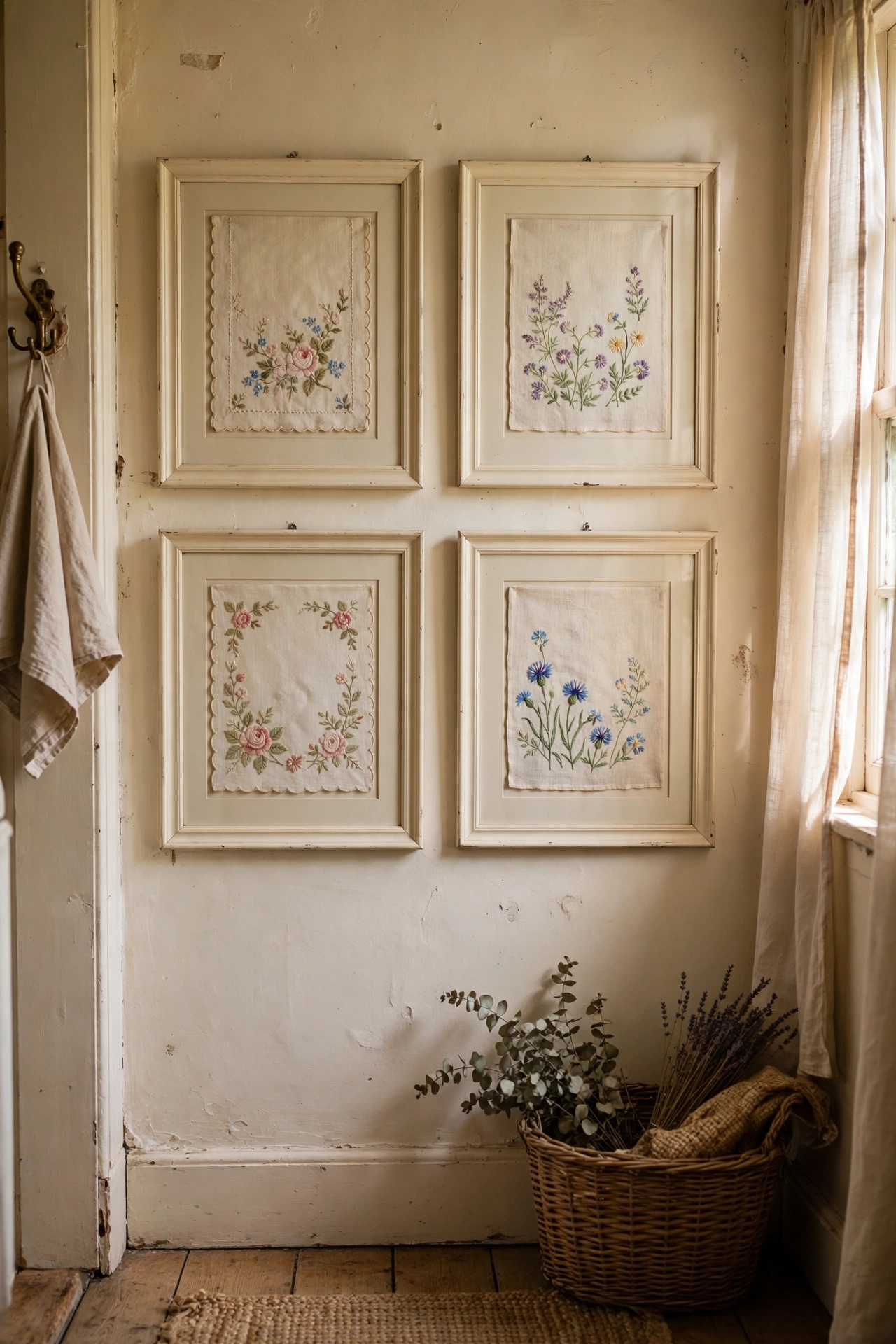 Vintage embroidered handkerchiefs framed as delicate floral wall art