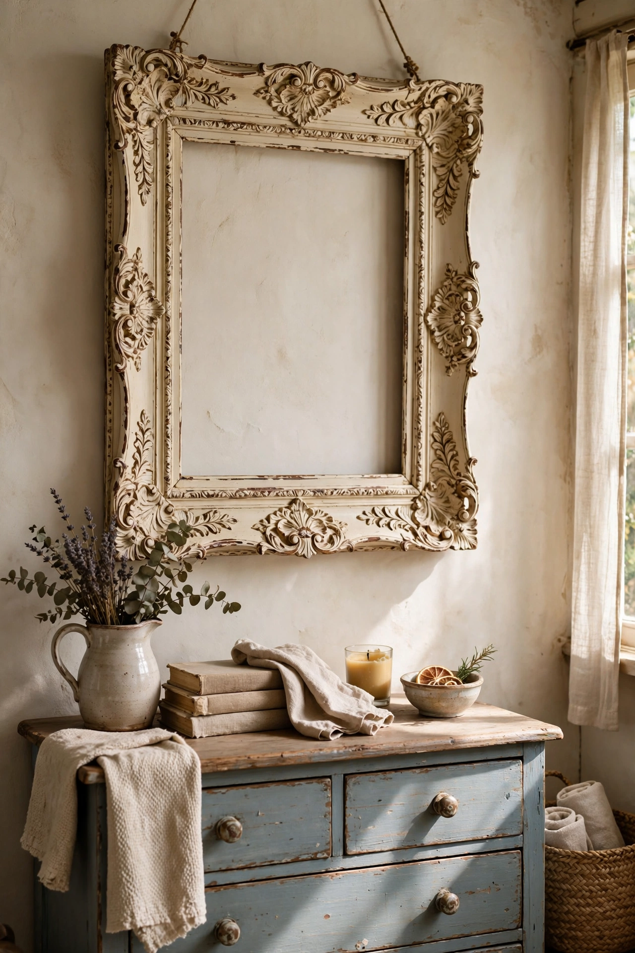 Ornate thrifted picture frame painted cream with aged wax in the carvings
