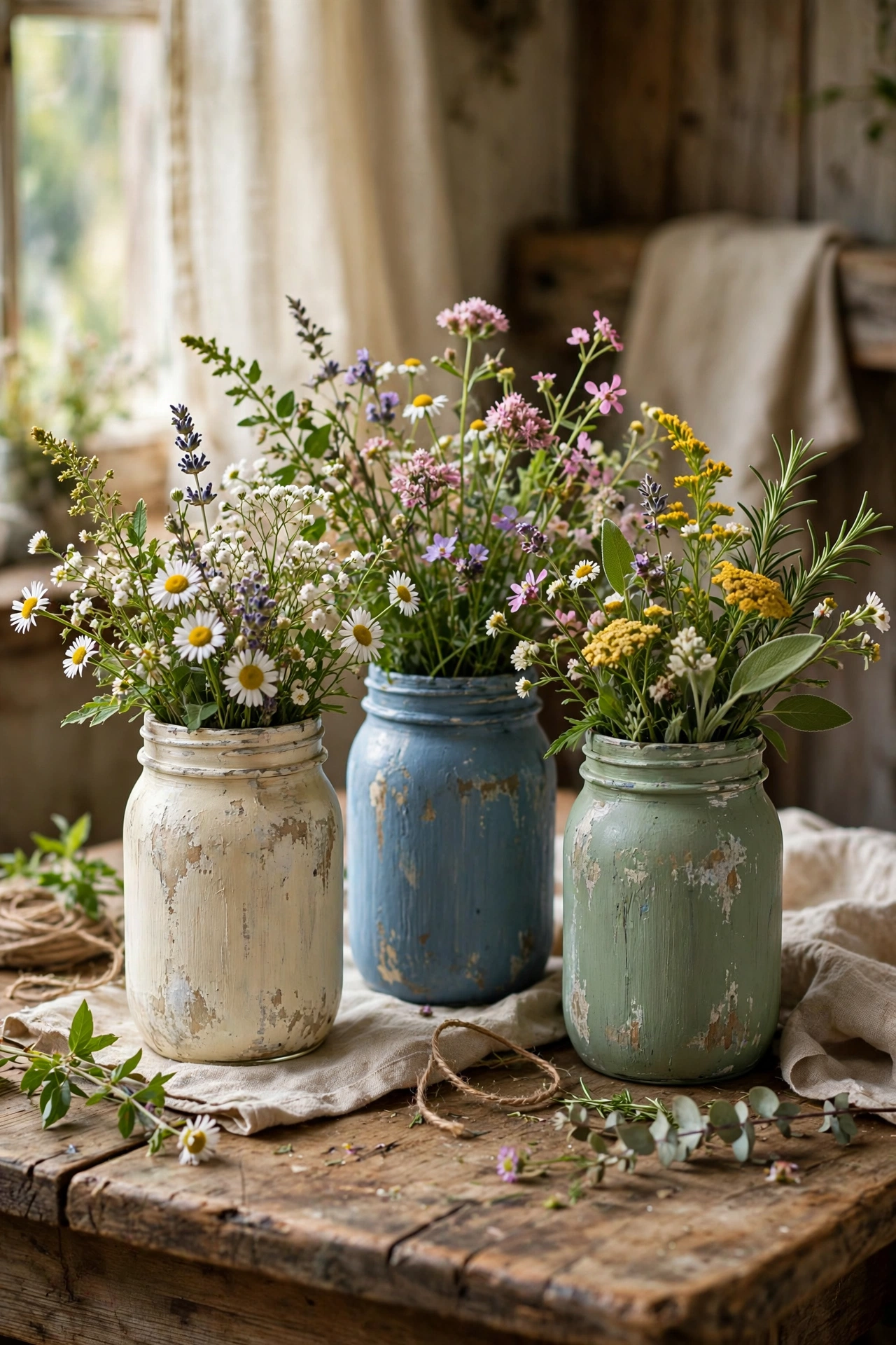 Distressed chalk-painted mason jars in pastel colours holding wildflowers