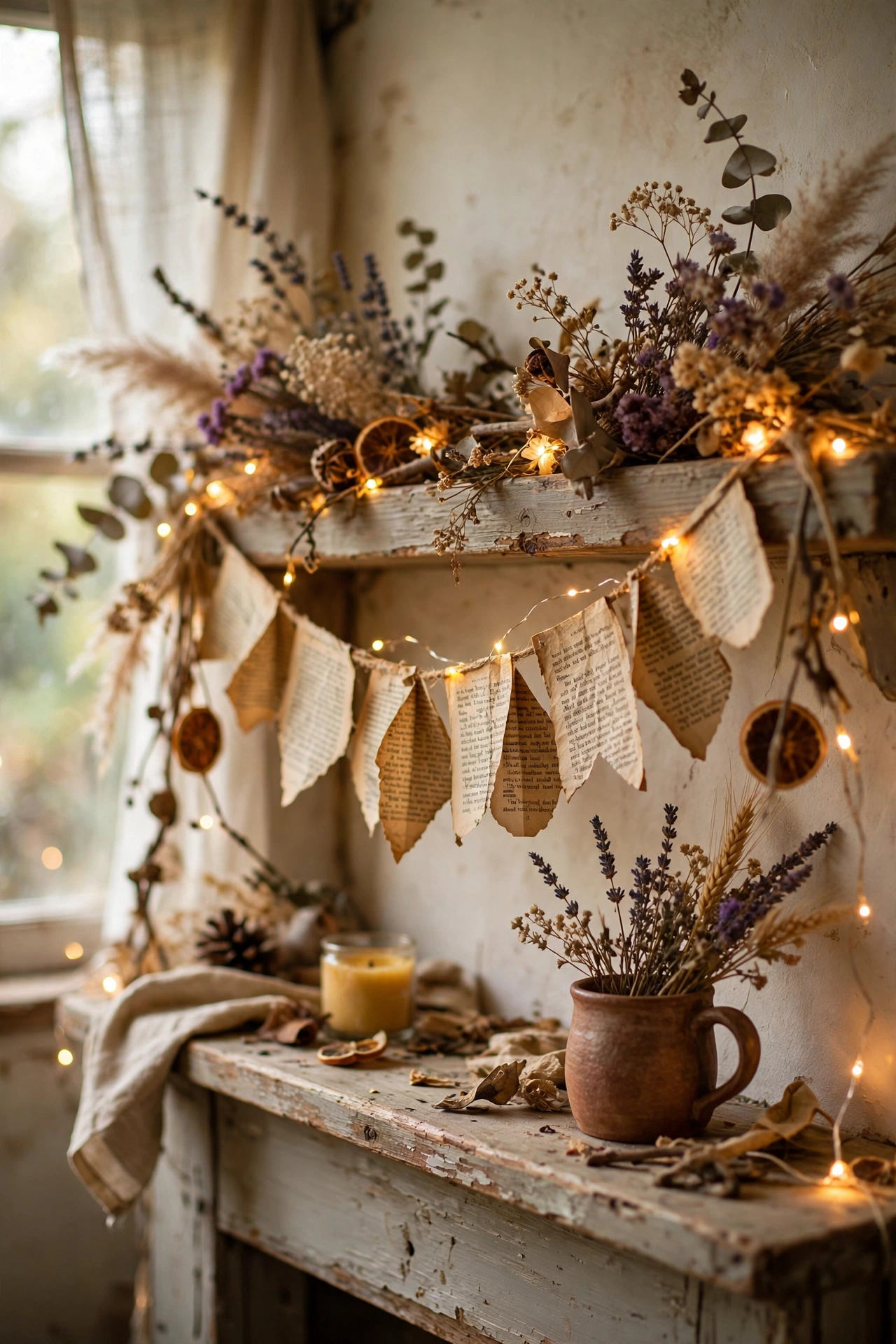 Paper garland cut from aged book pages draped over a cottage mantel