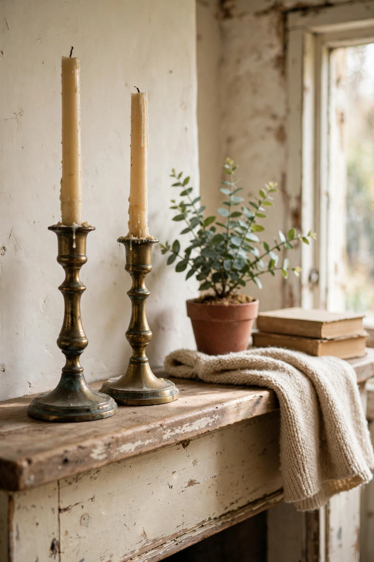 Thrifted brass candlesticks with a soft aged patina holding cream taper candles