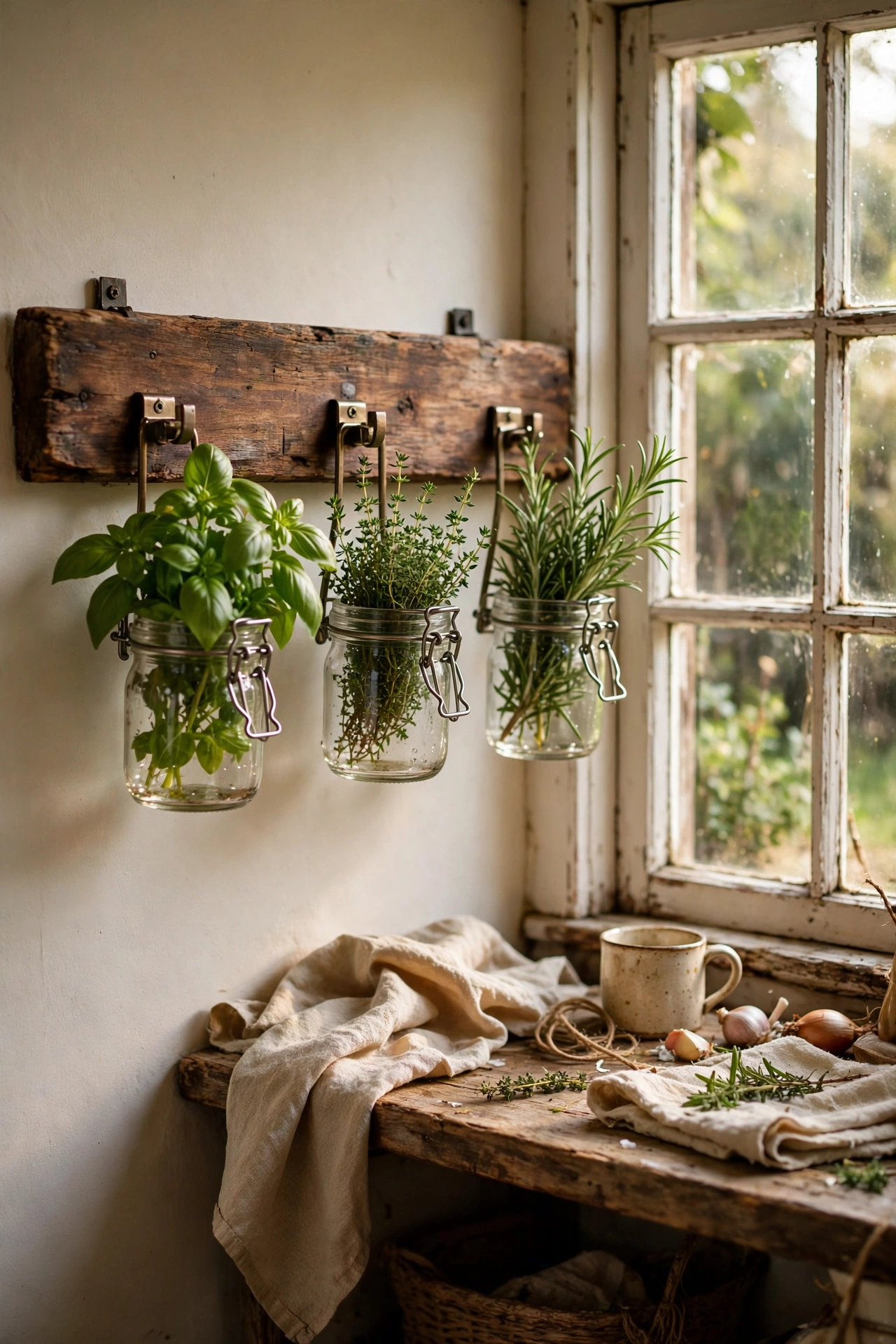 Glass jars of fresh herbs mounted on a stained wooden rail in a cottage kitchen