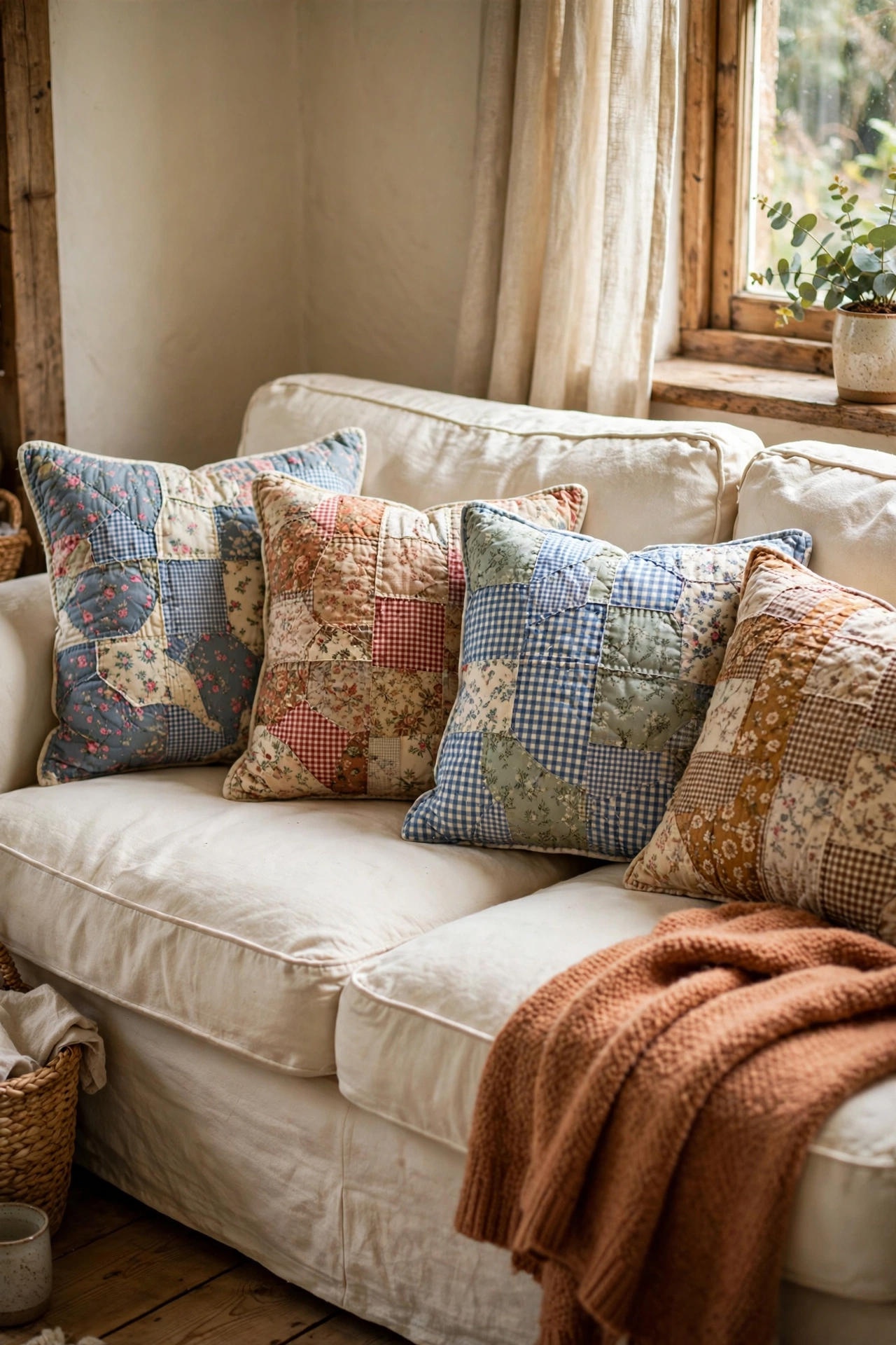 Patchwork cushion covers made from floral and gingham fabric scraps on a sofa