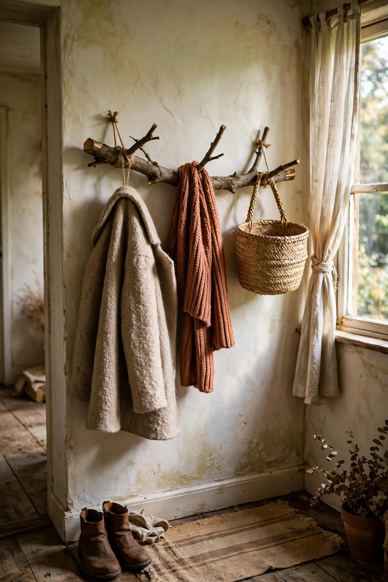 Foraged wooden branch peg rail with coats and a basket in a cottage hallway
