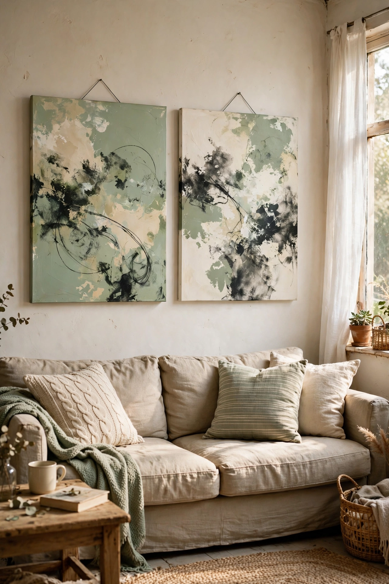 Pair of abstract acrylic canvases in sage, cream and charcoal above a sofa