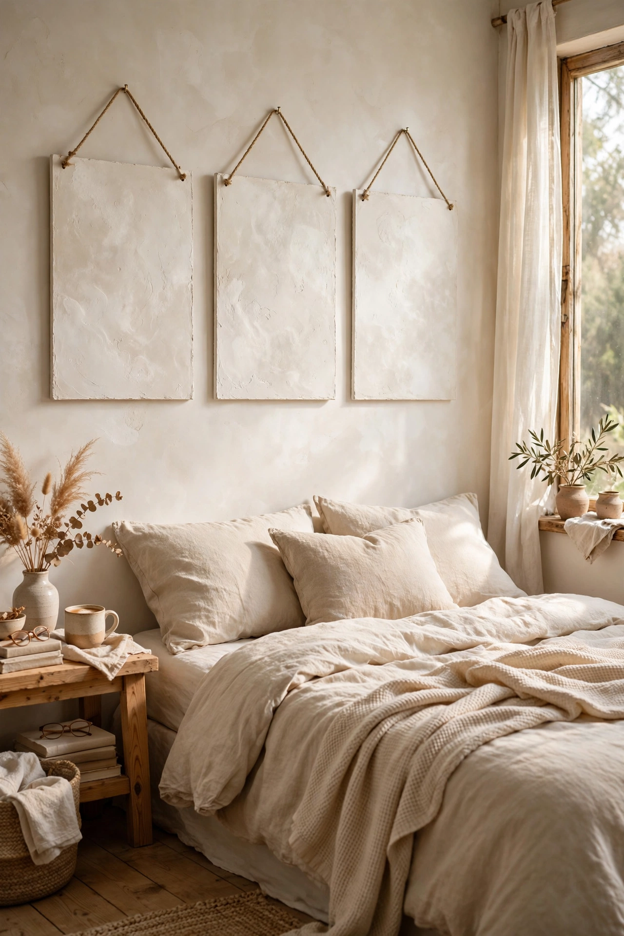 Limewash plaster art panels with soft cloudy texture on a bedroom wall