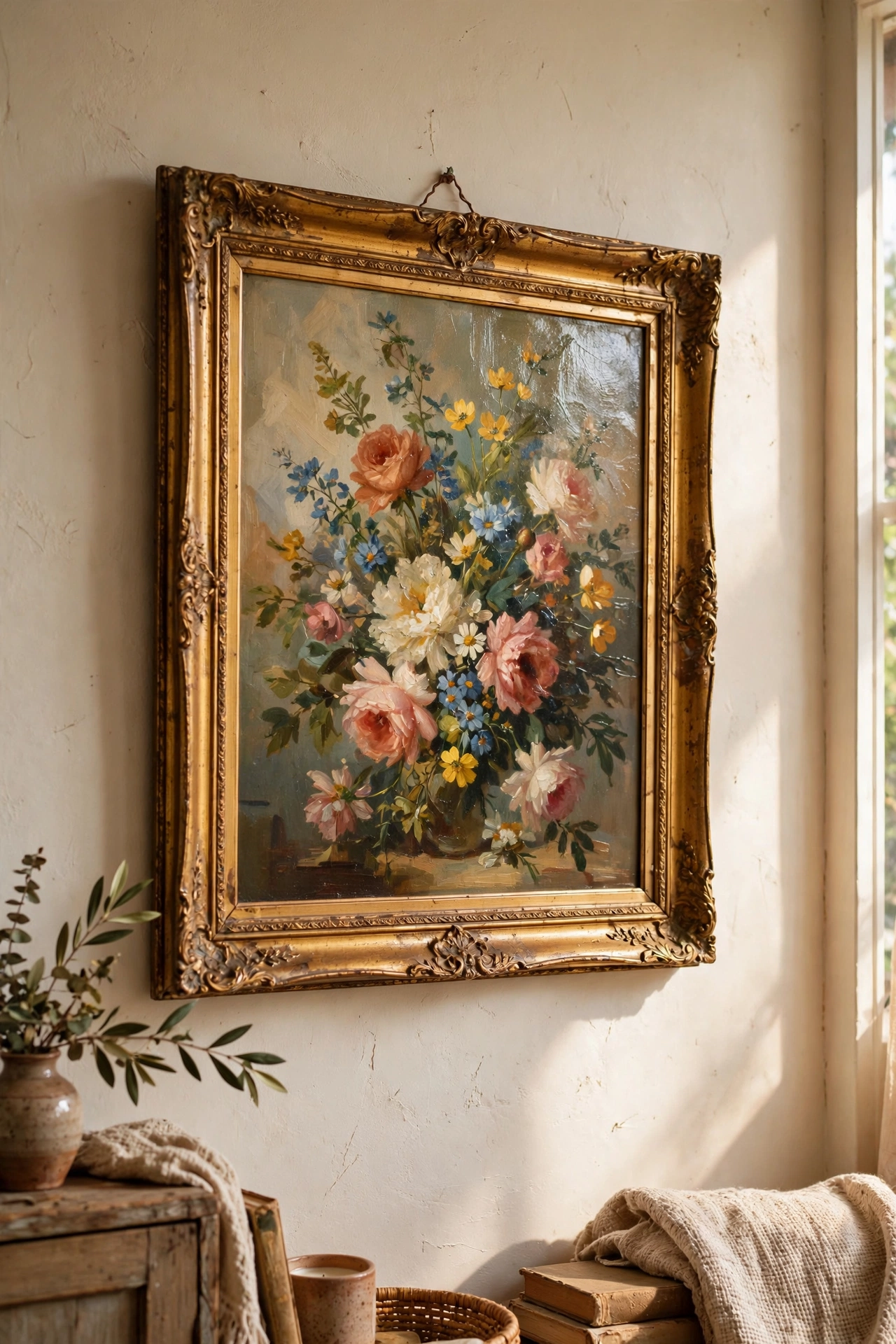 Thrifted floral print varnished to look like an oil painting in an ornate frame