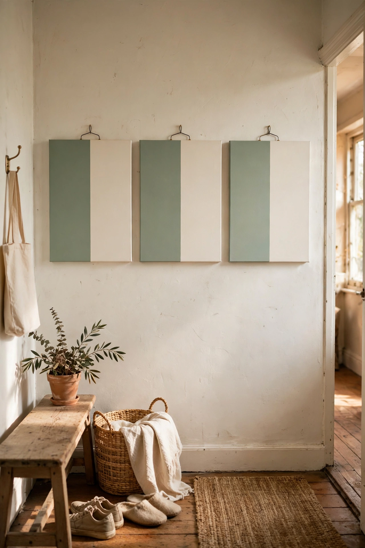 Triptych of colour-blocked canvases in sage and cream with crisp edges