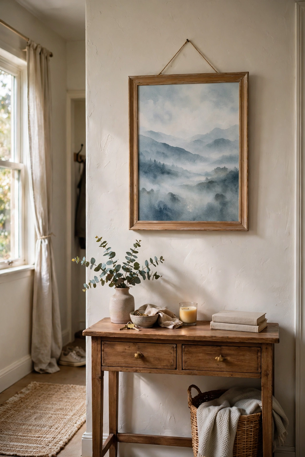 Sponge-painted misty landscape canvas in blue-grey tones above a console