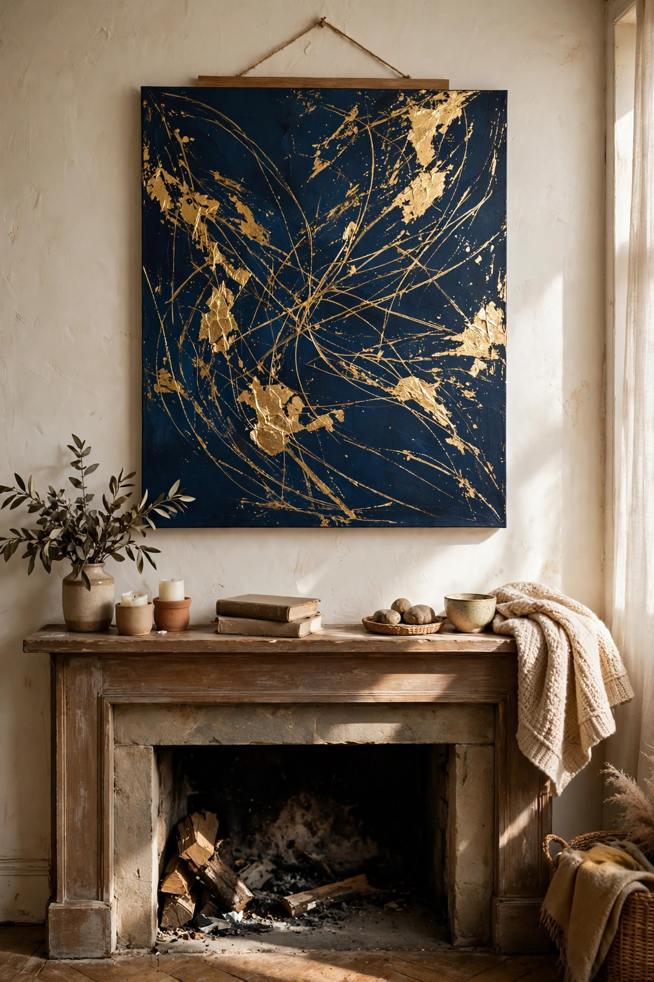 Abstract canvas in deep navy with gold leaf accents above a fireplace
