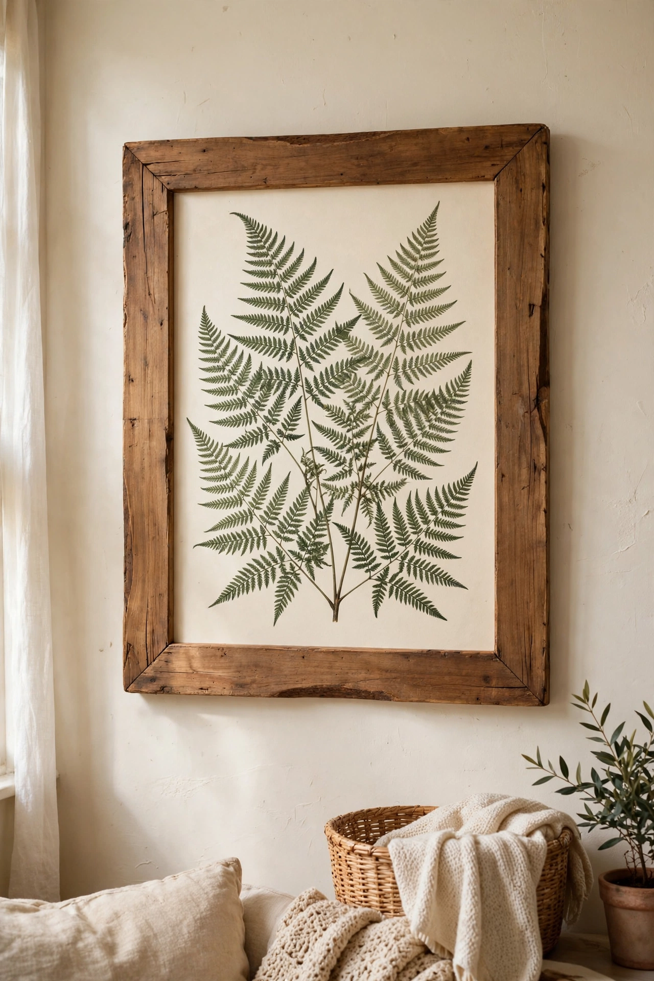 Oversized botanical fern print in a handmade wooden frame on a wall