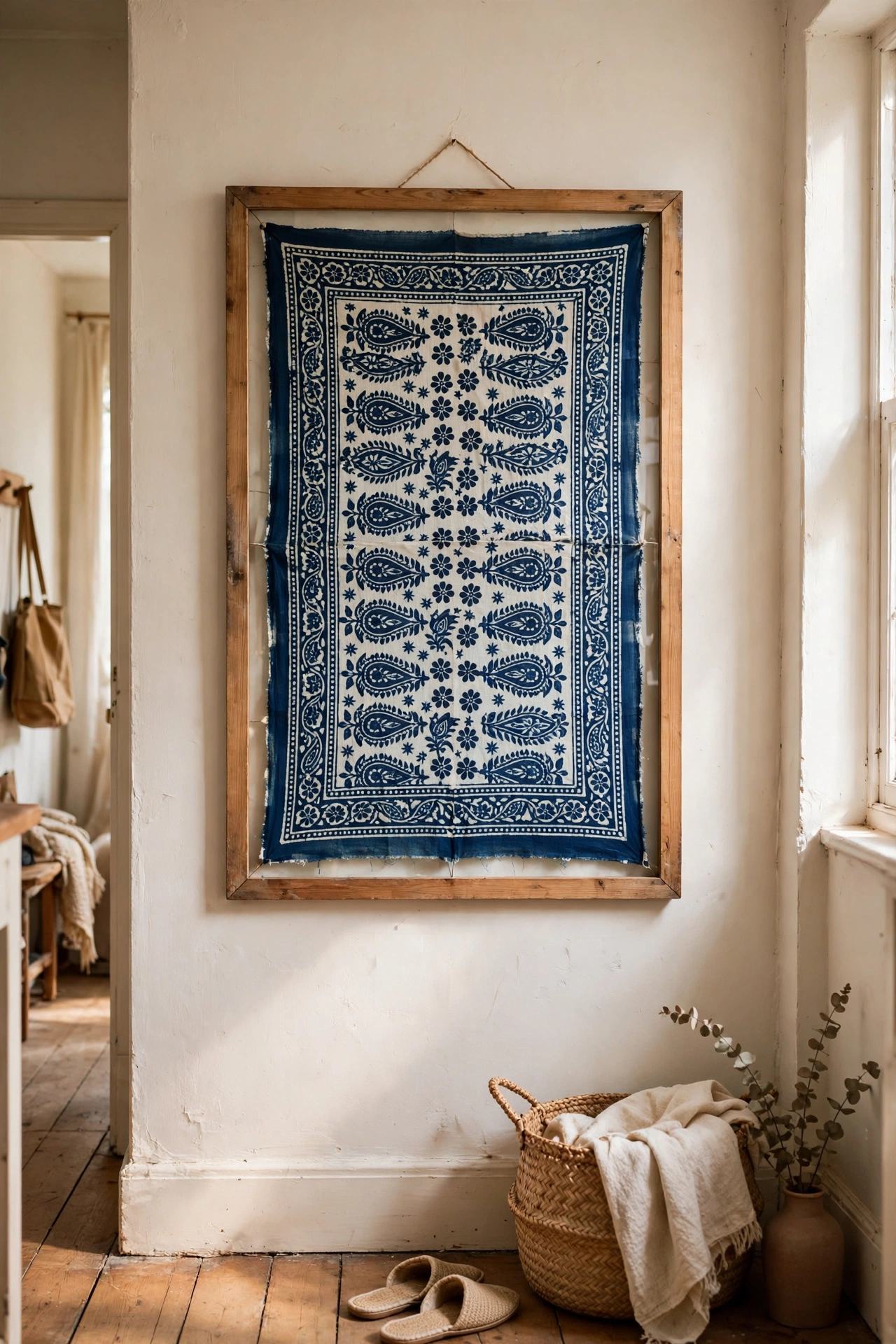 Indigo block-print fabric stretched as framed textile art in a hallway