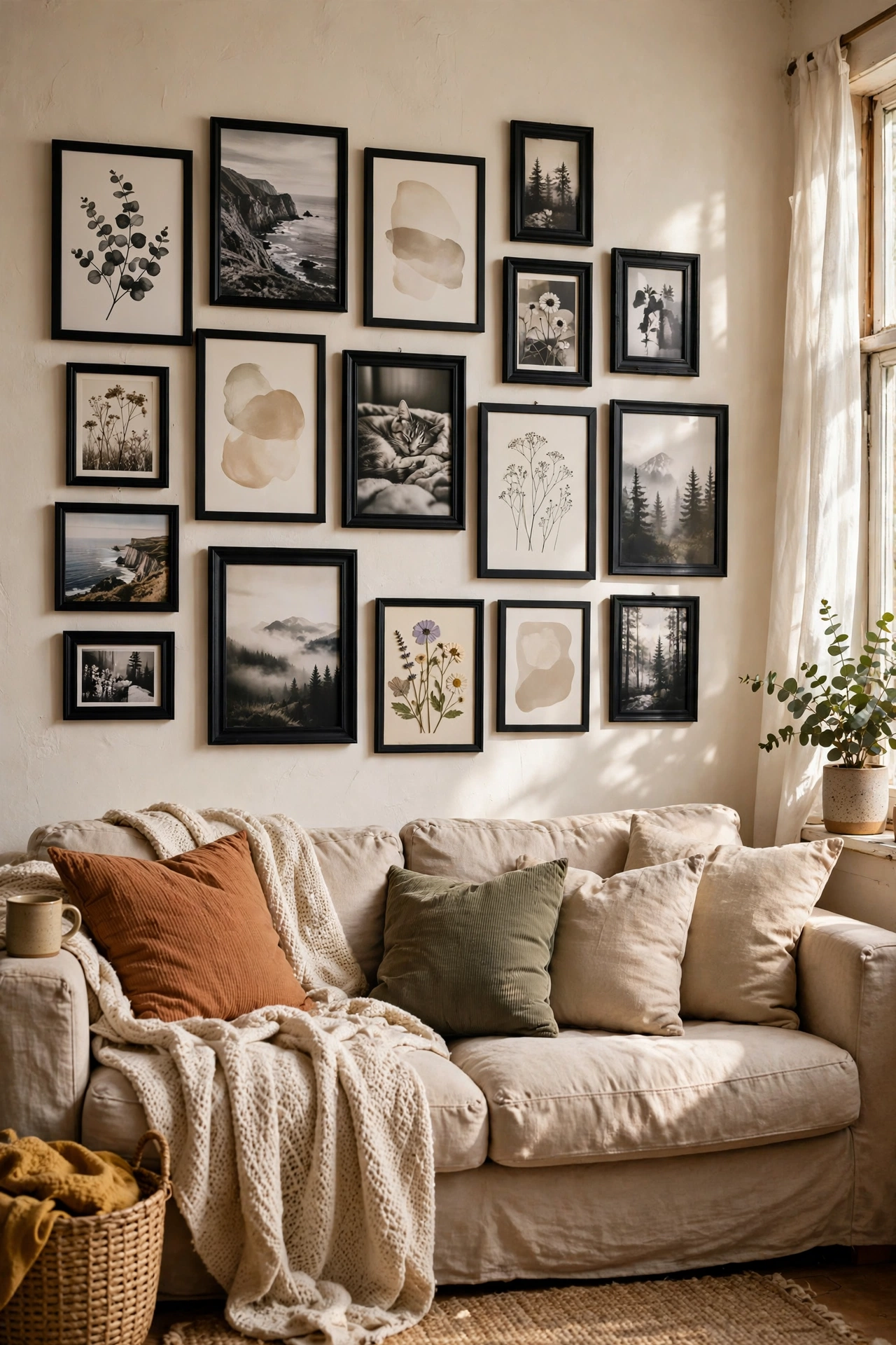 Gallery wall of mismatched thrifted frames all painted matte black