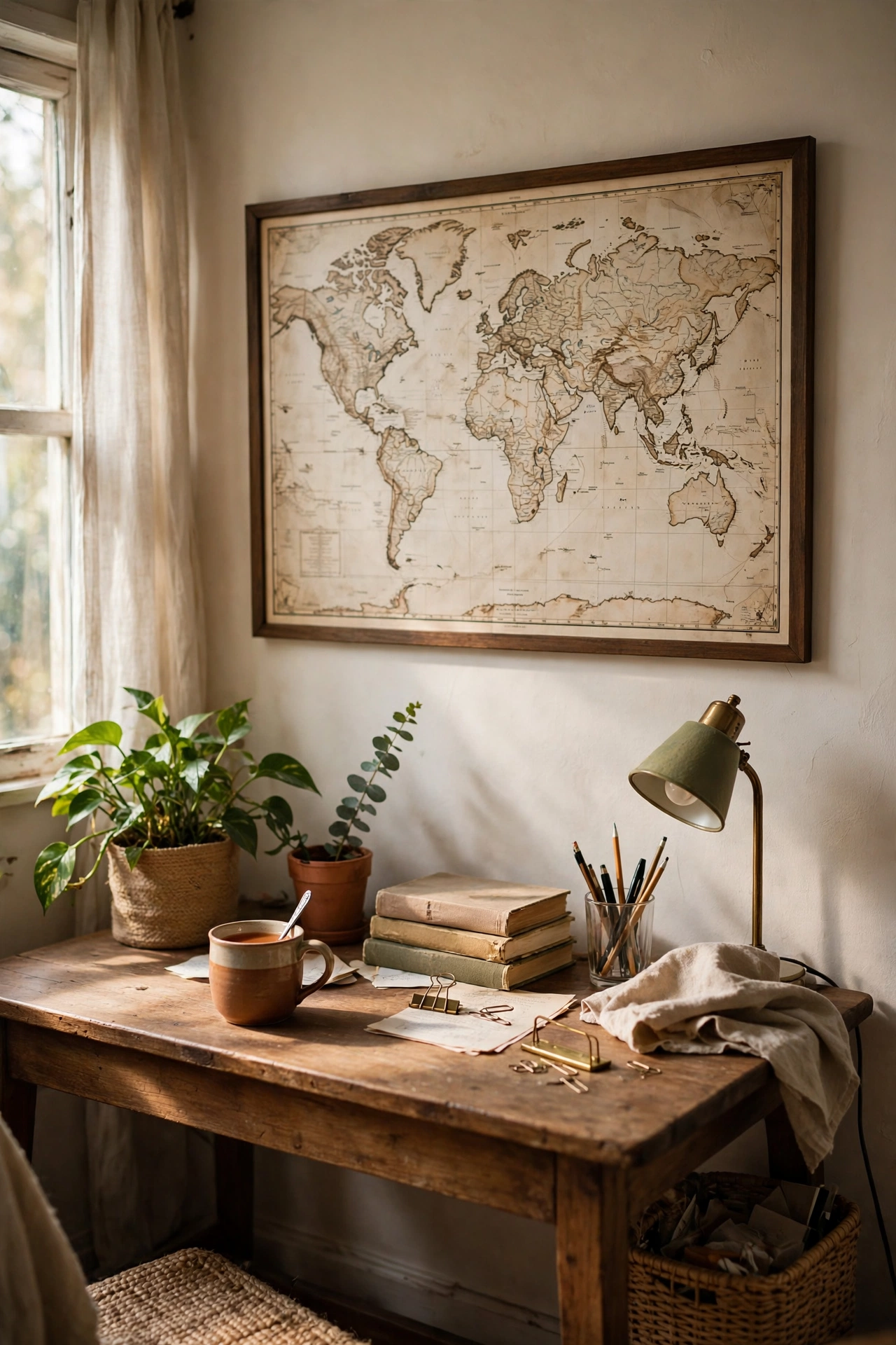Large framed vintage map as statement wall art in a home study
