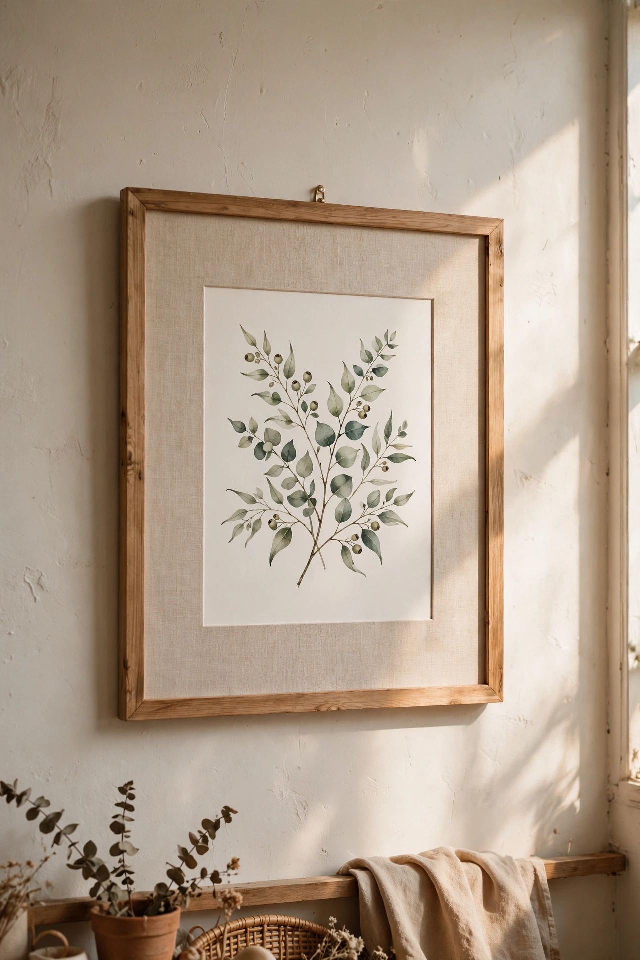 Cheap art print upgraded with a wide linen-wrapped mat in a simple frame