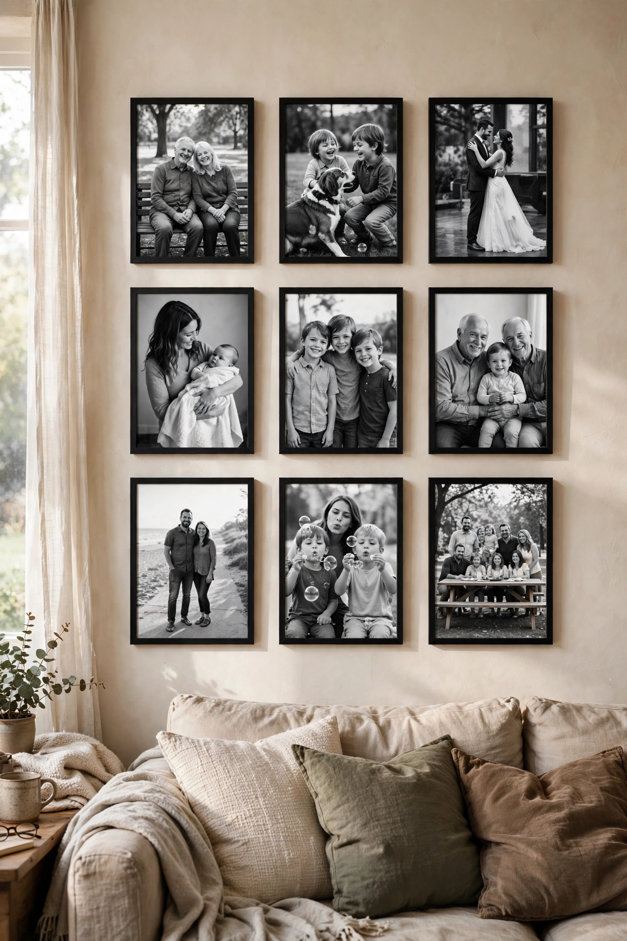Tight grid of nine black-and-white family photos in matching frames