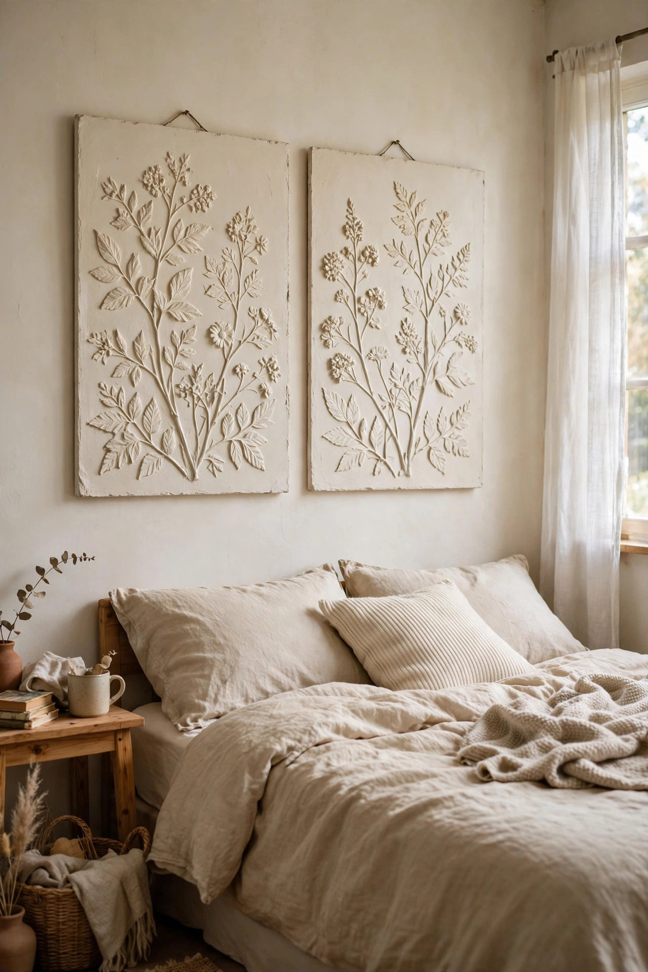 Plaster relief floral panels with raised leaf impressions above a bed