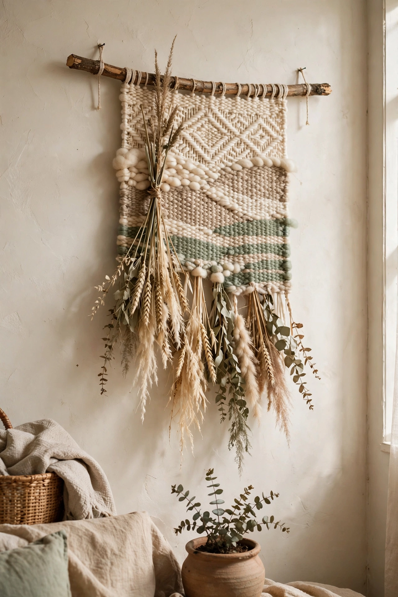 Handwoven wall hanging in cream and sage wool on a natural branch