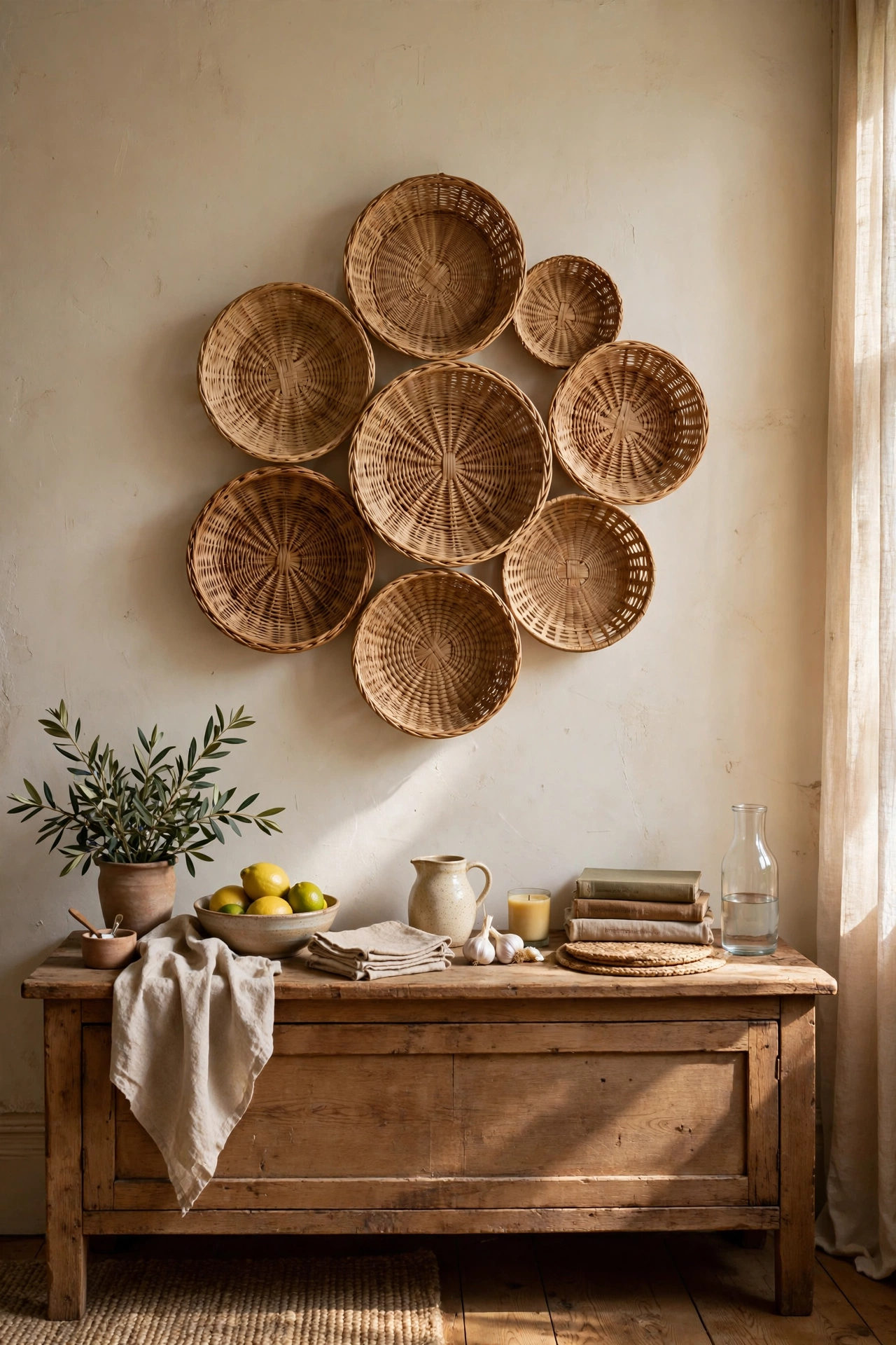 Organic cluster of shallow woven baskets displayed on a dining room wall